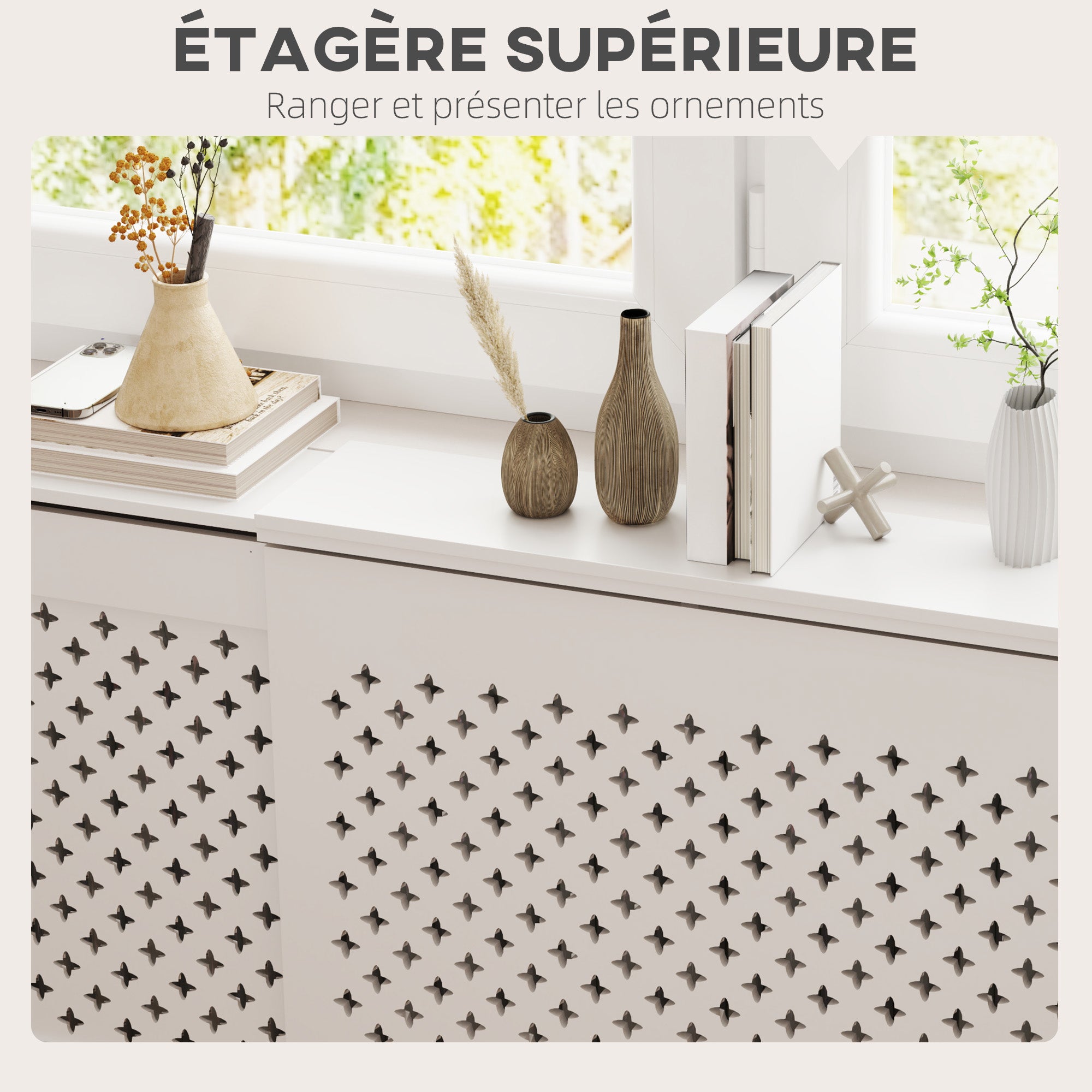 Adjustable Radiator Cover in Contemporary Honeycomb Design 136-200 x 21.5 x 91.7 cm Wooden Radiator Cover for Bedroom, Living Room - White