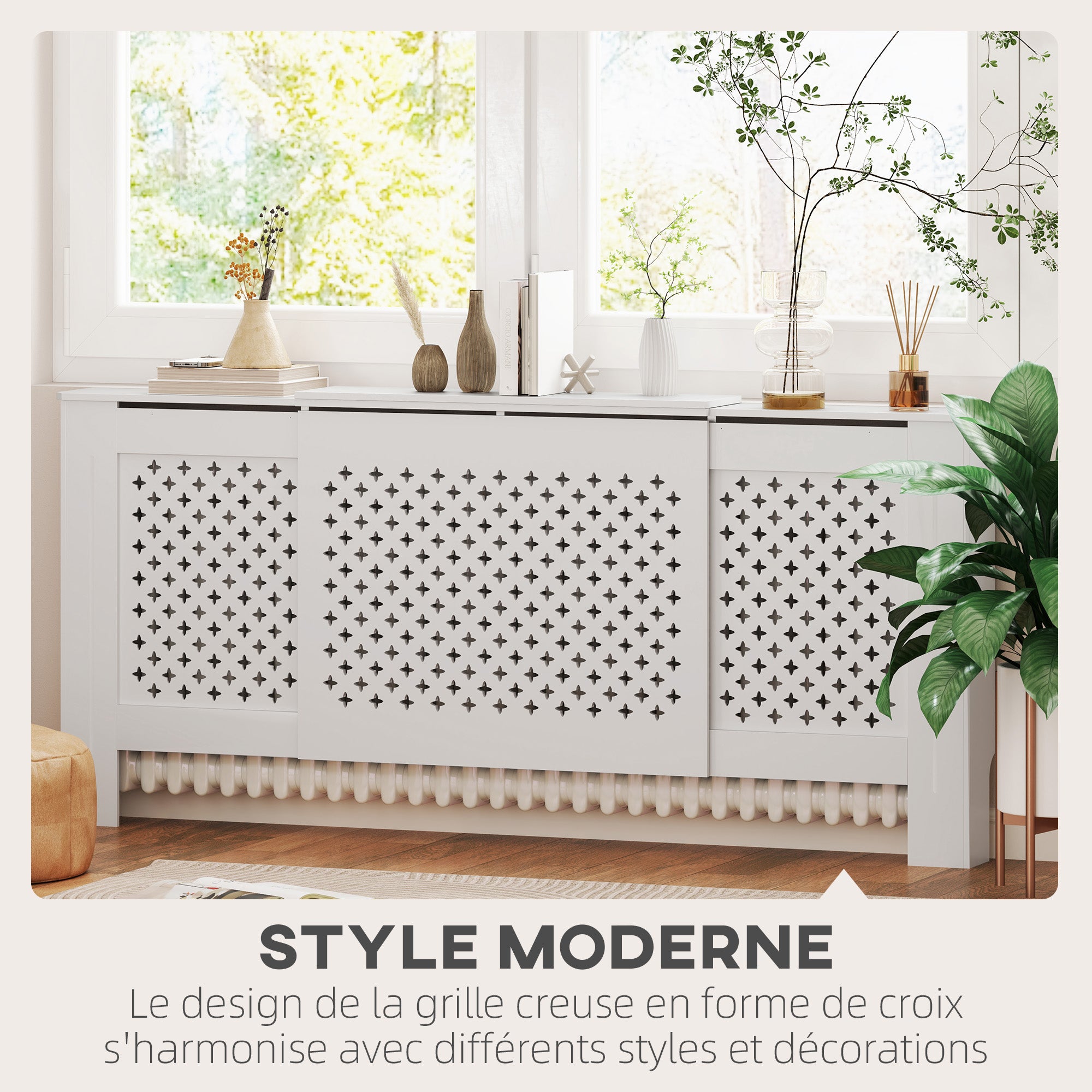 Adjustable Radiator Cover in Contemporary Honeycomb Design 136-200 x 21.5 x 91.7 cm Wooden Radiator Cover for Bedroom, Living Room - White