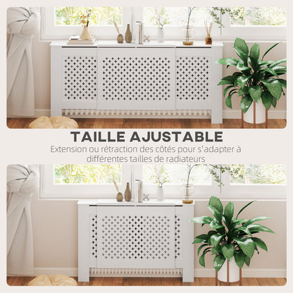 Adjustable Radiator Cover in Contemporary Honeycomb Design 136-200 x 21.5 x 91.7 cm Wooden Radiator Cover for Bedroom, Living Room - White