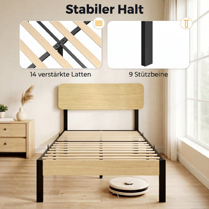 Bed Frame 35.4 x 78.7 in with Headboard & Footboard – Platform Bed with Under-Bed Storage, 14 Slats, Natural Wood Finish