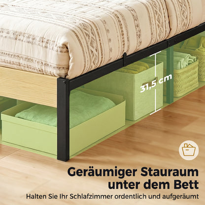 Bed Frame 35.4 x 78.7 in with Headboard & Footboard – Platform Bed with Under-Bed Storage, 14 Slats, Natural Wood Finish