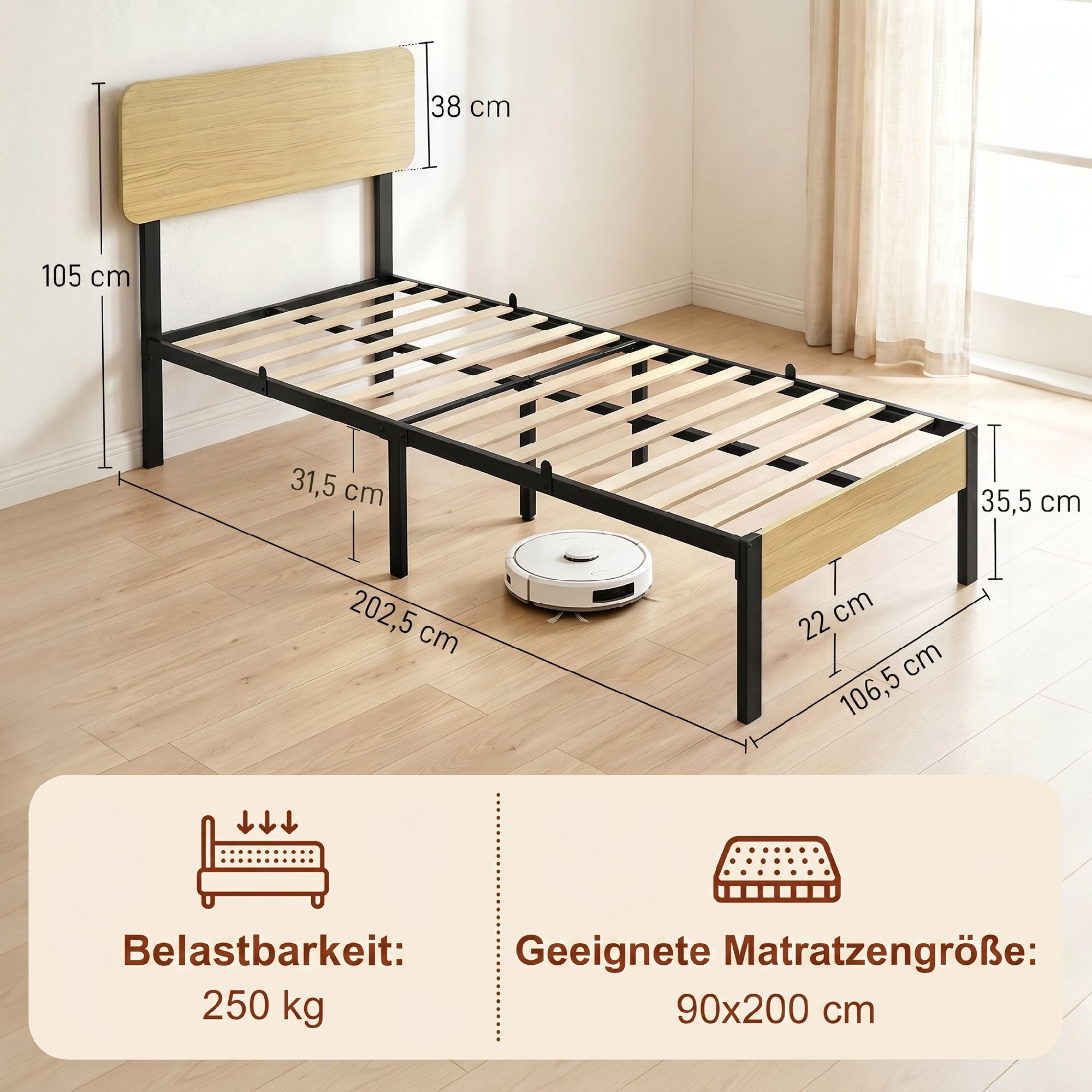 Bed Frame 35.4 x 78.7 in with Headboard & Footboard – Platform Bed with Under-Bed Storage, 14 Slats, Natural Wood Finish