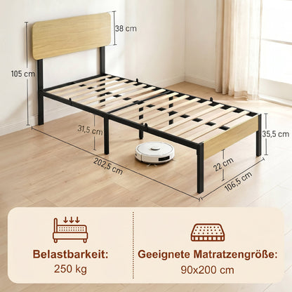 Bed Frame 35.4 x 78.7 in with Headboard & Footboard – Platform Bed with Under-Bed Storage, 14 Slats, Natural Wood Finish