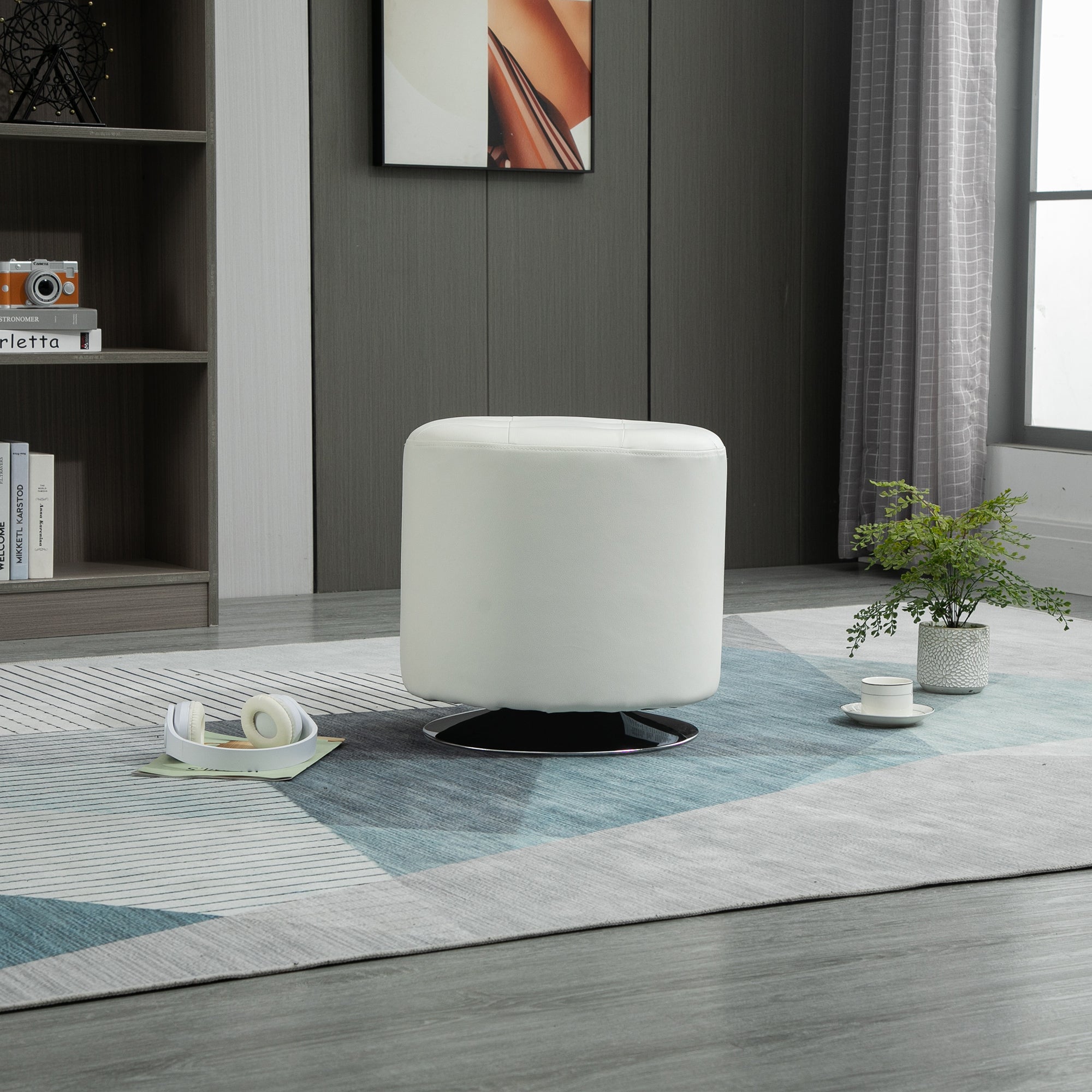 360° Swivel Round Ottoman — PU-Padded Seat with Chrome Steel Base, Ø 17.9 x H 17.5 in (45.5 x 44.5 cm), White