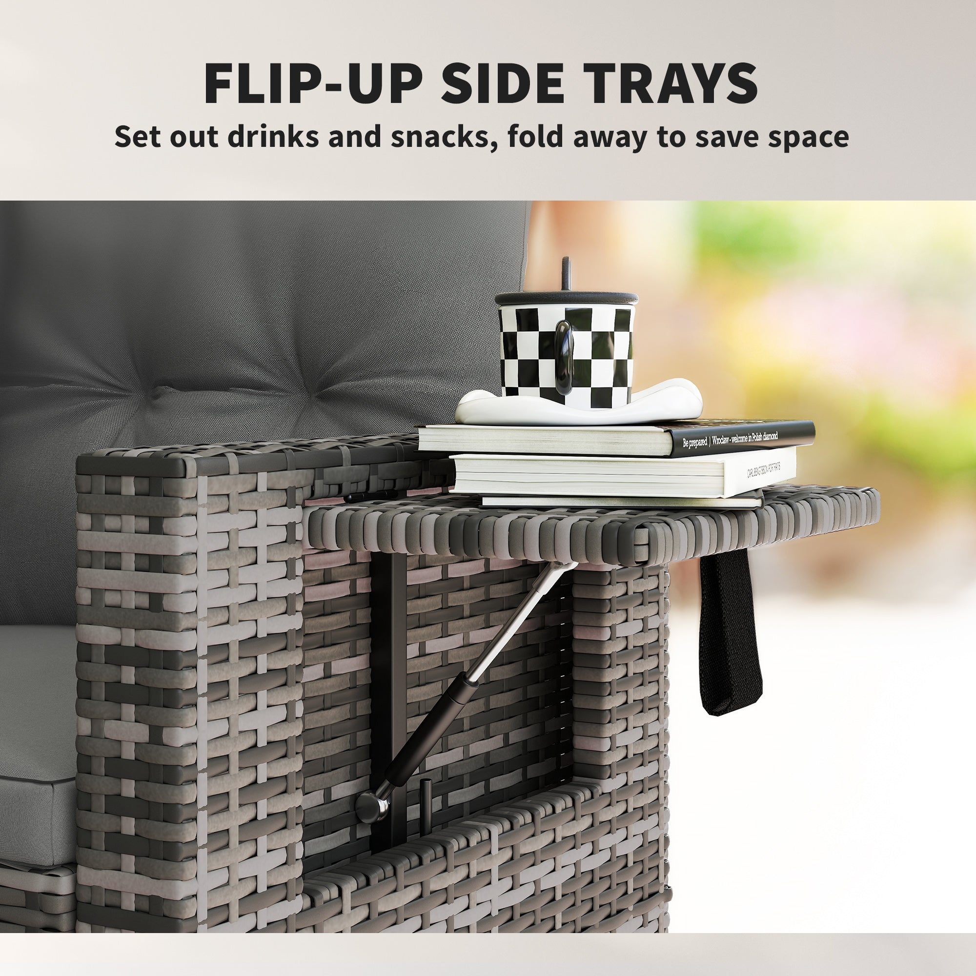 2-Seater Outdoor Rattan Sofa with Cushions — Convertible, Fold-Out Side Trays, Weather-Resistant, Light Grey Synthetic Rattan