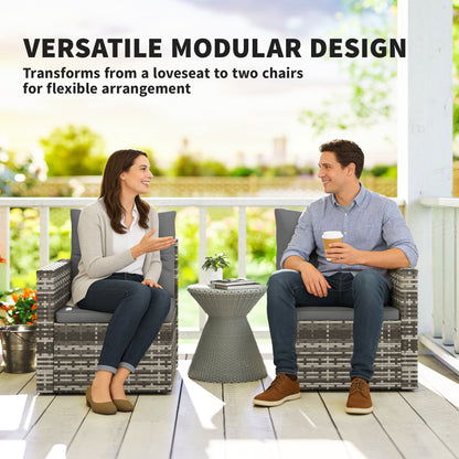 2-Seater Outdoor Rattan Sofa with Cushions — Convertible, Fold-Out Side Trays, Weather-Resistant, Light Grey Synthetic Rattan