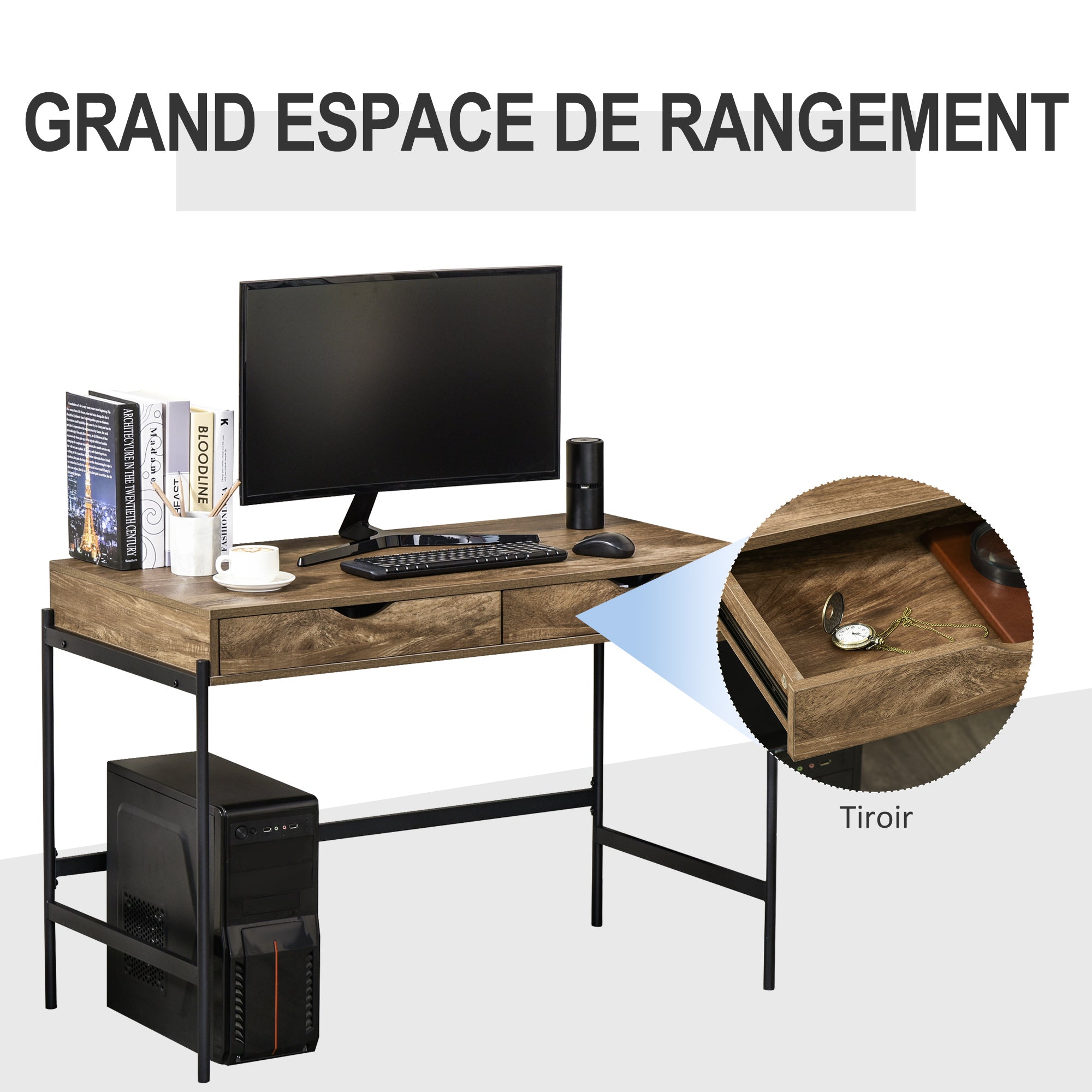 Industrial Style Desk Dimensions 110L x 55W x 75H cm with 2 Drawers Metal Legs Black Wood Effect MDF Top