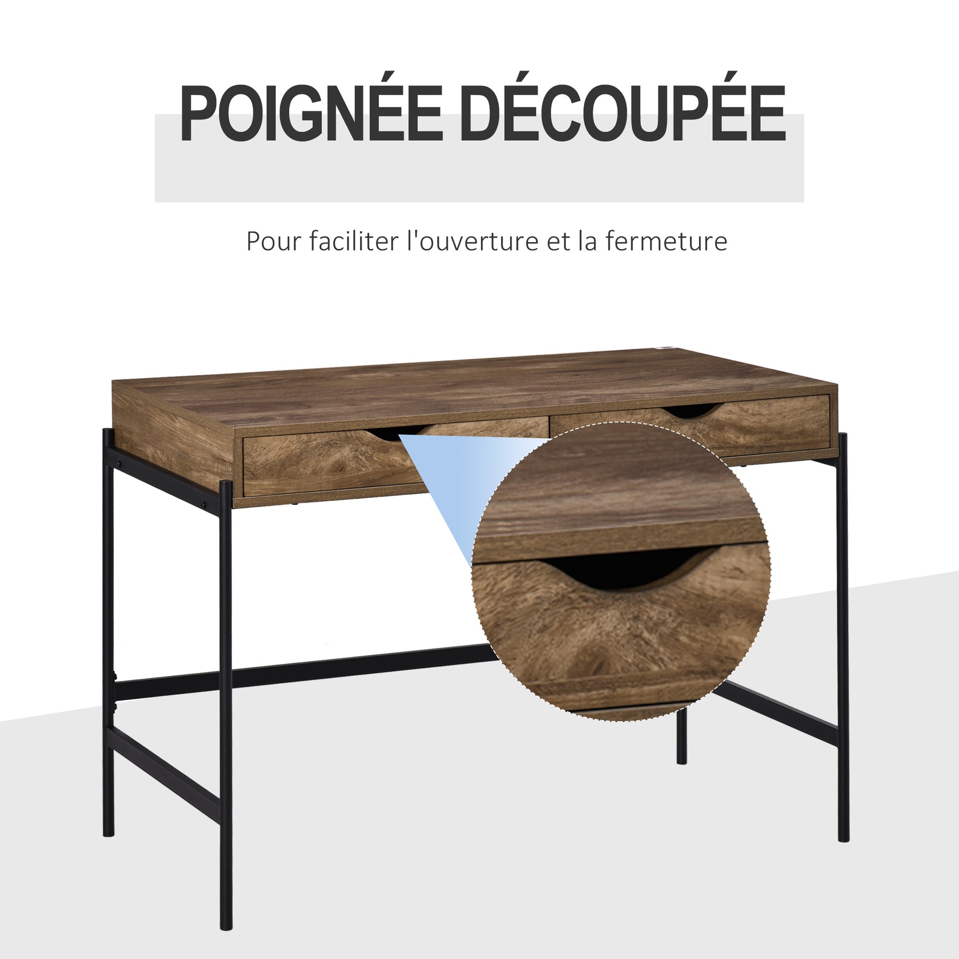 Industrial Style Desk Dimensions 110L x 55W x 75H cm with 2 Drawers Metal Legs Black Wood Effect MDF Top