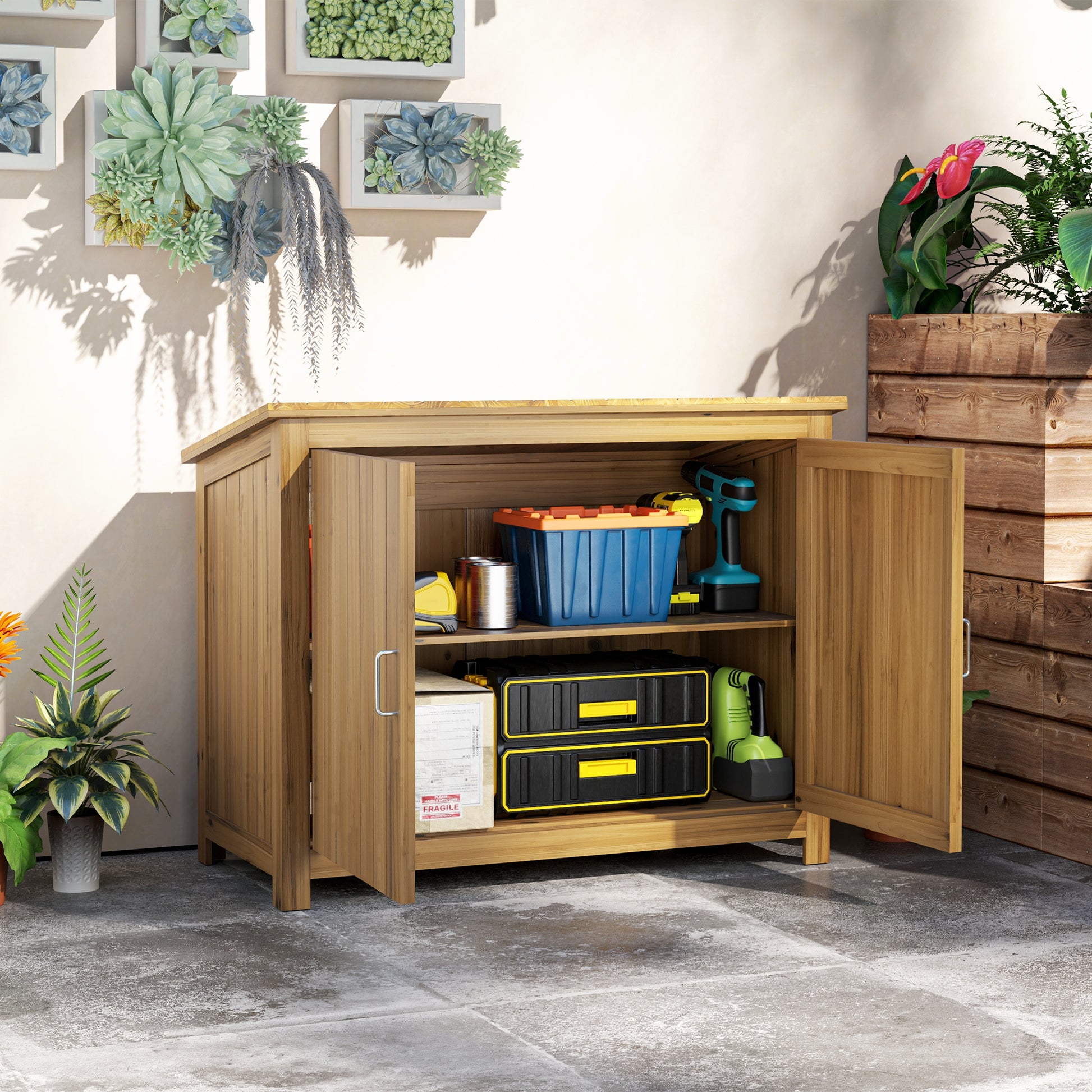 Wooden Garden Shed, Weatherproof Tool Shed 110x50x85cm, Toolhouse with Door, Lean-to Roof, Shelves, Tool Cabinet, Garden House Tool Shed for Garden Terrace Backyard, Brown