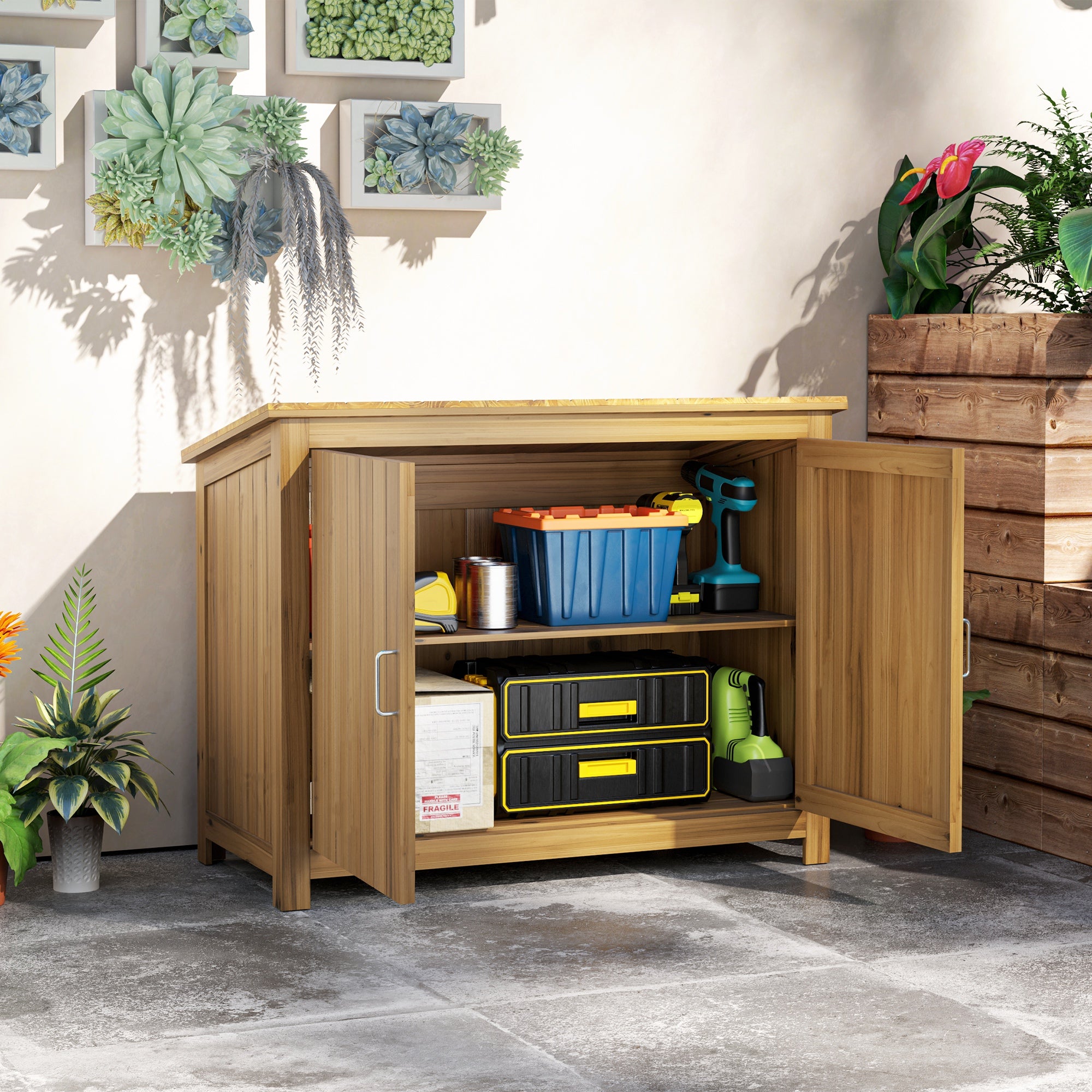 Wooden Garden Shed, Weatherproof Tool Shed 110x50x85cm, Toolhouse with Door, Lean-to Roof, Shelves, Tool Cabinet, Garden House Tool Shed for Garden Terrace Backyard, Brown
