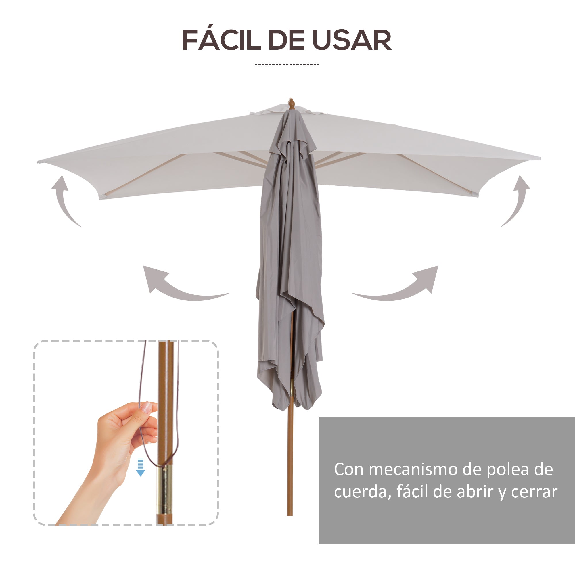 Patio Umbrella 295x200 cm with Wooden Pole Bamboo Ribs and Pulley Garden Parasol Rectangular Waterproof for Patio or Terrace Classic Style Gray
