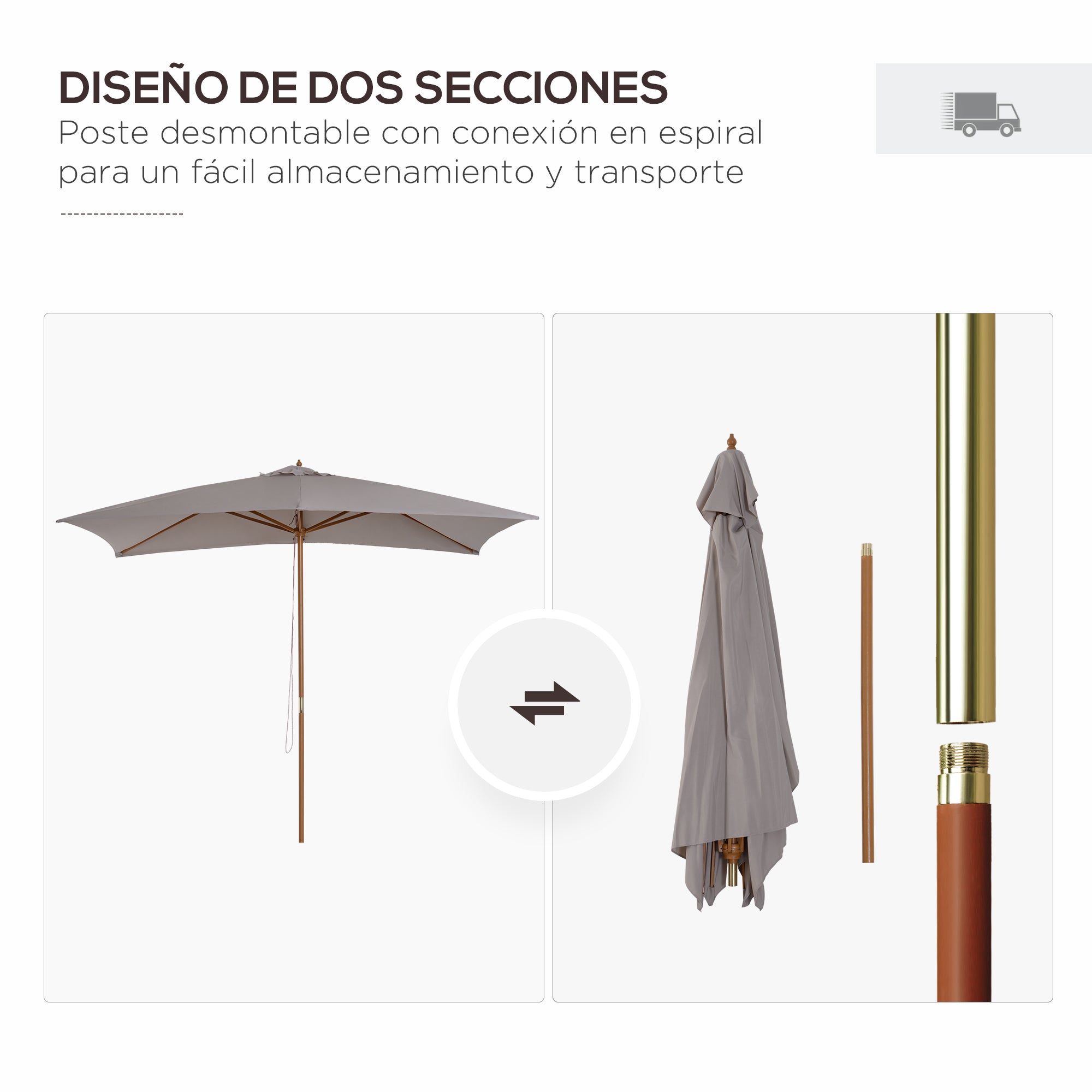 Patio Umbrella 295x200 cm with Wooden Pole Bamboo Ribs and Pulley Garden Parasol Rectangular Waterproof for Patio or Terrace Classic Style Gray