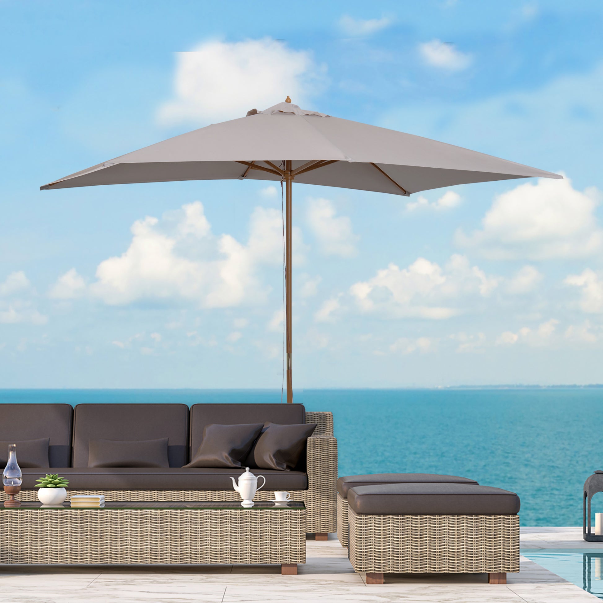 Patio Umbrella 295x200 cm with Wooden Pole Bamboo Ribs and Pulley Garden Parasol Rectangular Waterproof for Patio or Terrace Classic Style Gray