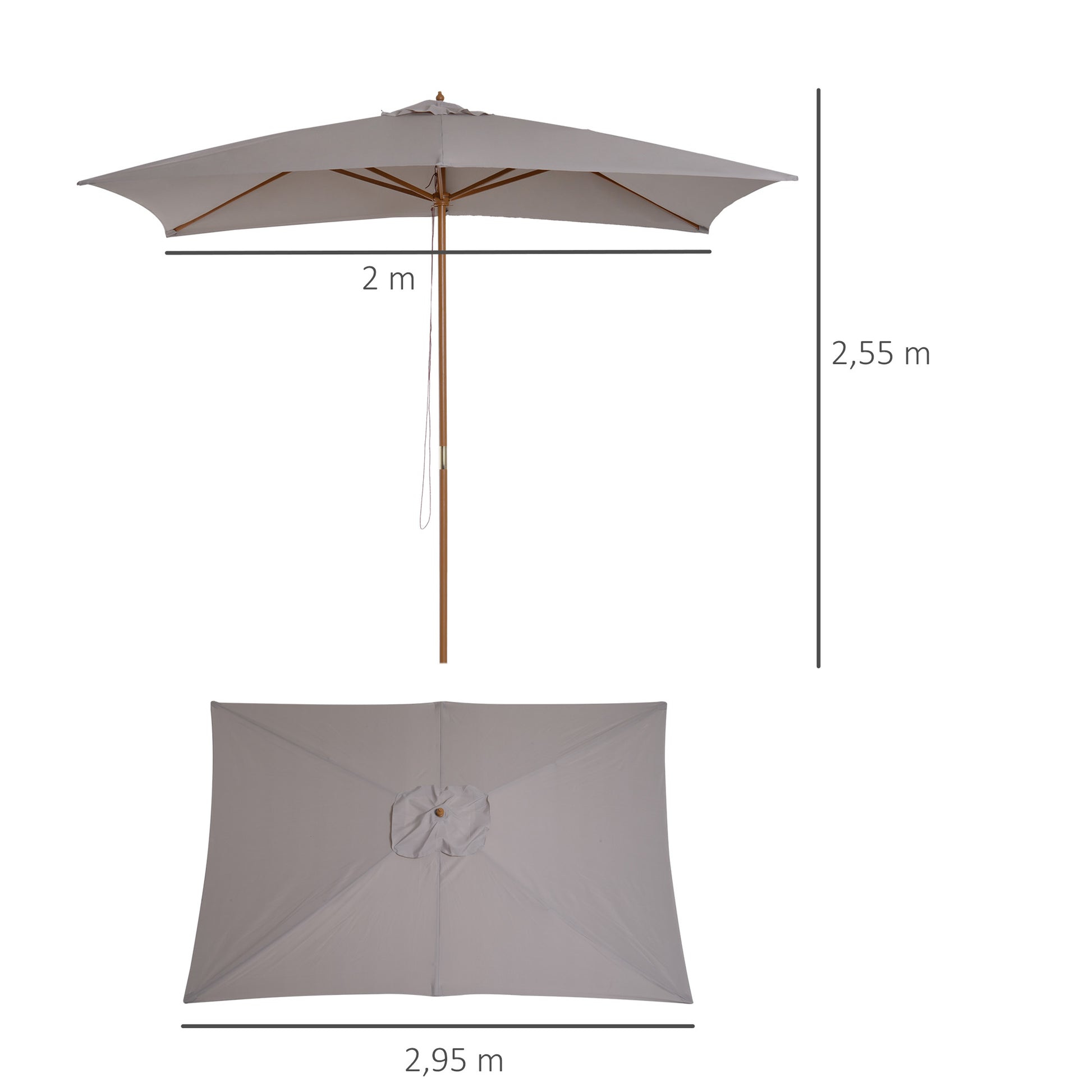 Patio Umbrella 295x200 cm with Wooden Pole Bamboo Ribs and Pulley Garden Parasol Rectangular Waterproof for Patio or Terrace Classic Style Gray
