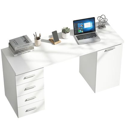 Computer Desk with 4 Drawers, 55.1 x 18.9 x 29.5 in Desk with Cabinet & Adjustable Shelf, Modern Office Desk for Office or Bedroom, White