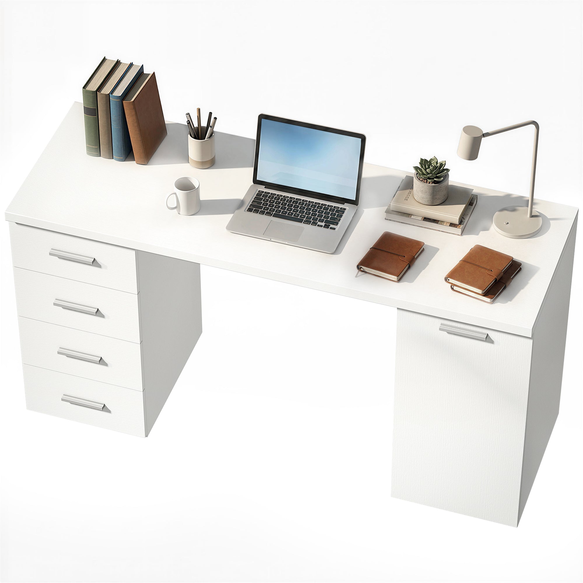 Computer Desk with 4 Drawers, 55.1 x 18.9 x 29.5 in Desk with Cabinet & Adjustable Shelf, Modern Office Desk for Office or Bedroom, White