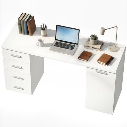 Computer Desk with 4 Drawers, 55.1 x 18.9 x 29.5 in Desk with Cabinet & Adjustable Shelf, Modern Office Desk for Office or Bedroom, White