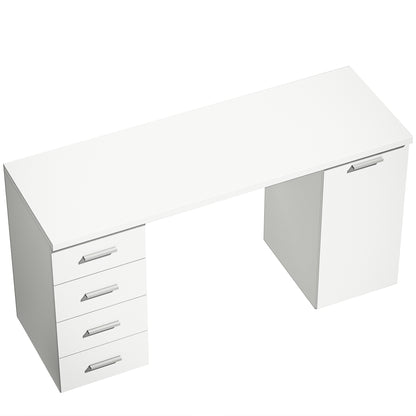Computer Desk with 4 Drawers, 55.1 x 18.9 x 29.5 in Desk with Cabinet & Adjustable Shelf, Modern Office Desk for Office or Bedroom, White