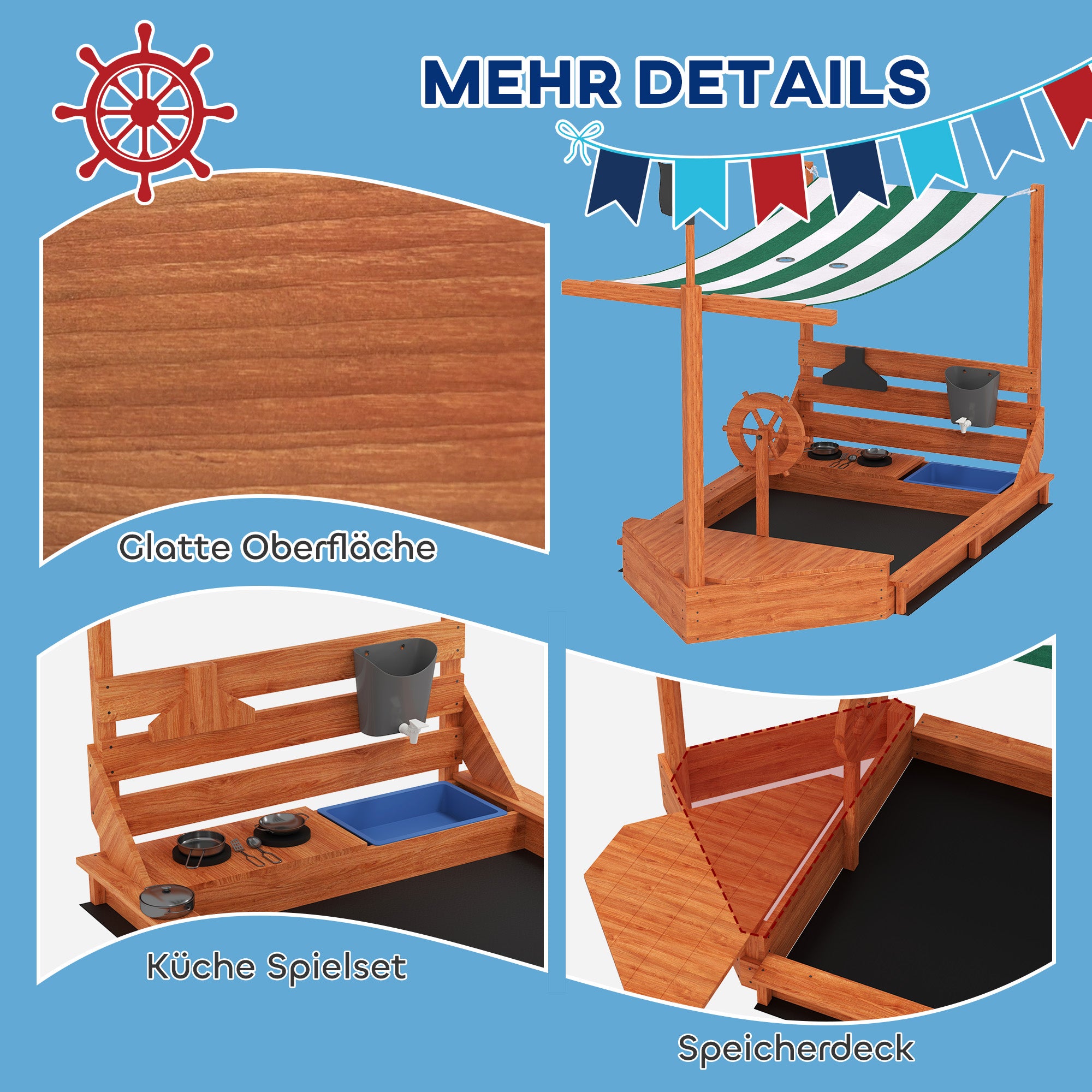 Sandbox Sandpit Large with Cover in Ship Design Wooden Mudpit Sailboat Playhouse with Kitchen Playset Storage for Kids 3-7 Years Green 180 x 103 x 144.5 cm