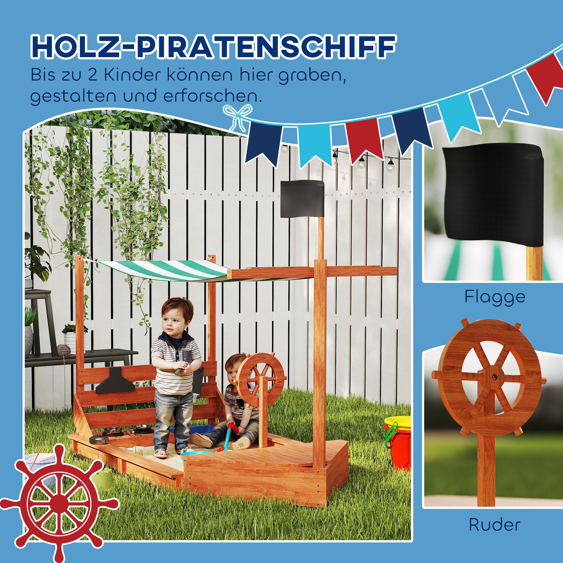 Sandbox Sandpit Large with Cover in Ship Design Wooden Mudpit Sailboat Playhouse with Kitchen Playset Storage for Kids 3-7 Years Green 180 x 103 x 144.5 cm