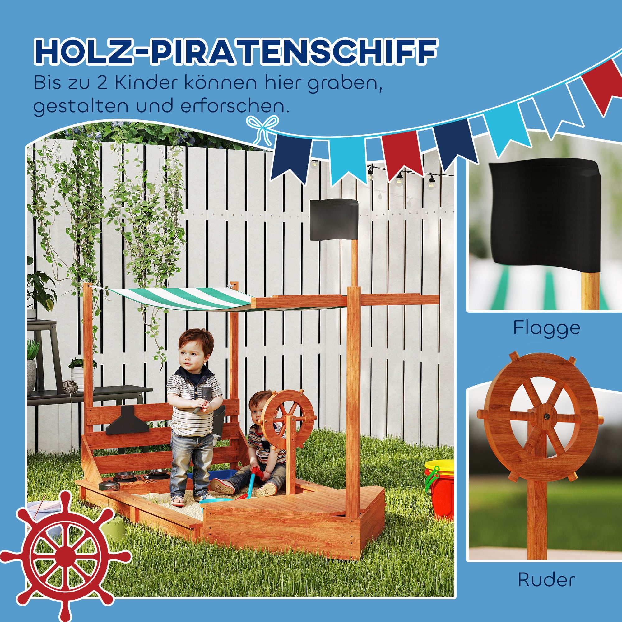 Sandbox Sandpit Large with Cover in Ship Design Wooden Mudpit Sailboat Playhouse with Kitchen Playset Storage for Kids 3-7 Years Green 180 x 103 x 144.5 cm