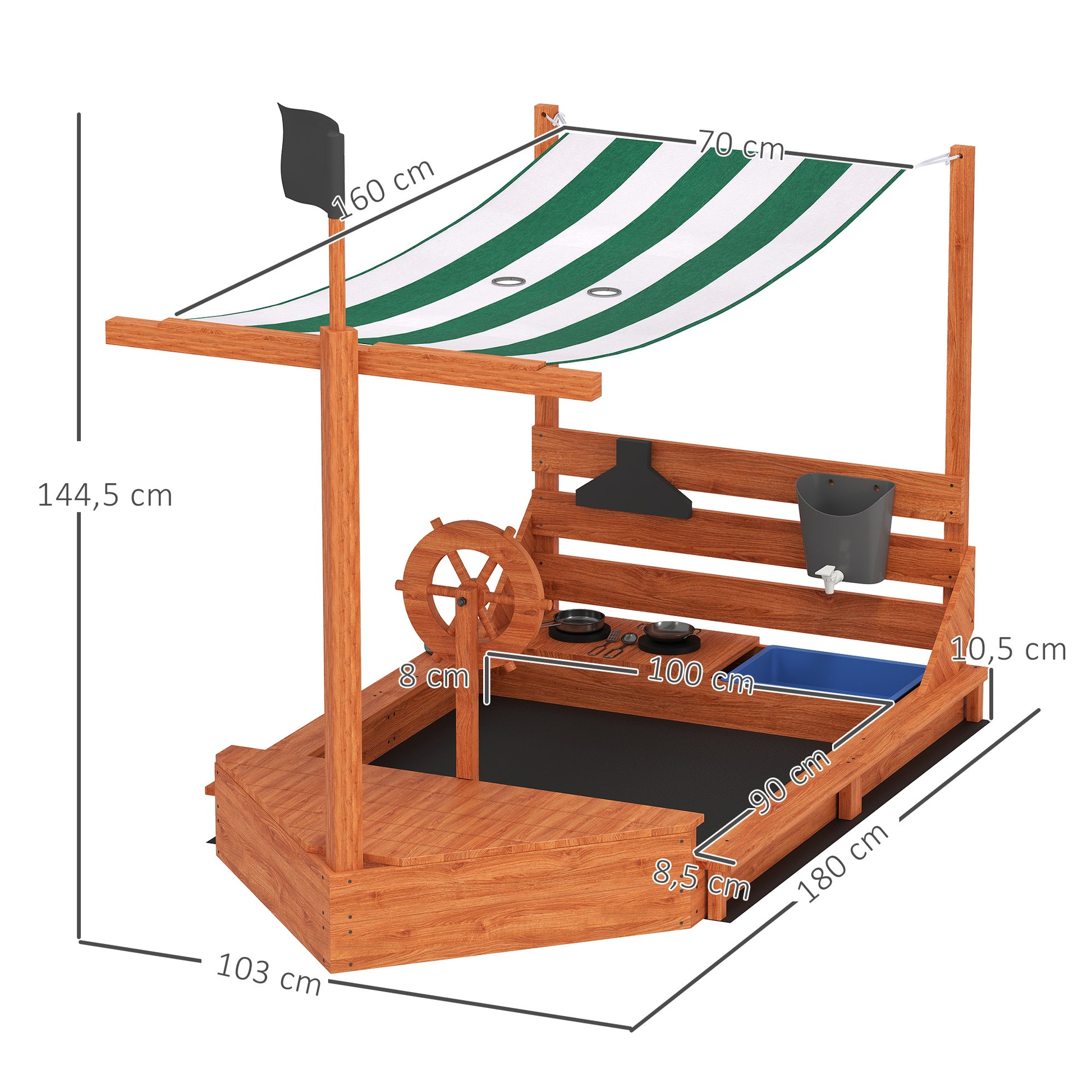 Sandbox Sandpit Large with Cover in Ship Design Wooden Mudpit Sailboat Playhouse with Kitchen Playset Storage for Kids 3-7 Years Green 180 x 103 x 144.5 cm