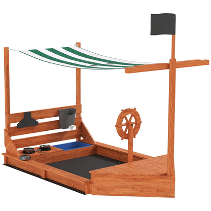 Sandbox Sandpit Large with Cover in Ship Design Wooden Mudpit Sailboat Playhouse with Kitchen Playset Storage for Kids 3-7 Years Green 180 x 103 x 144.5 cm