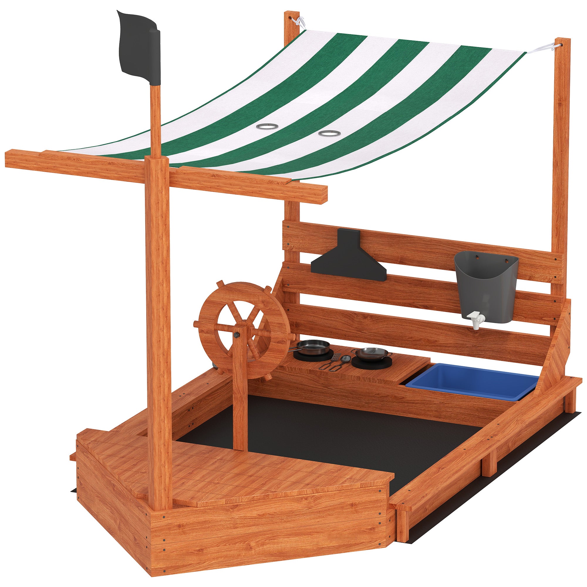 Sandbox Sandpit Large with Cover in Ship Design Wooden Mudpit Sailboat Playhouse with Kitchen Playset Storage for Kids 3-7 Years Green 180 x 103 x 144.5 cm