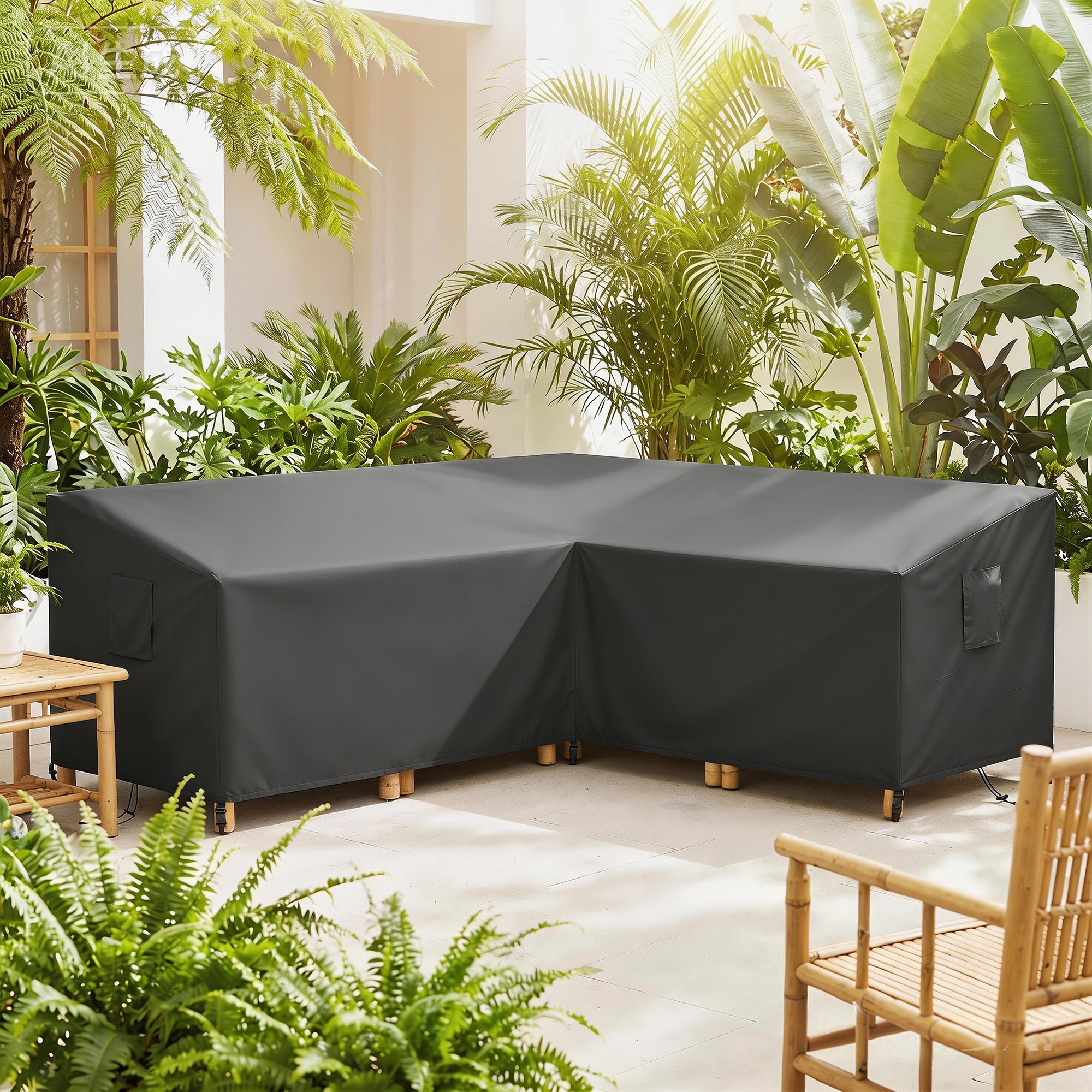 Protective Cover for Patio Furniture — Weatherproof, Waterproof V-Shaped Cover, Anti-UV 420D Oxford Fabric, Windproof, for Patio Tables & Terrace Furniture, 216 x 216 x 78 cm (85 x 85 x 30.7 in) — Black