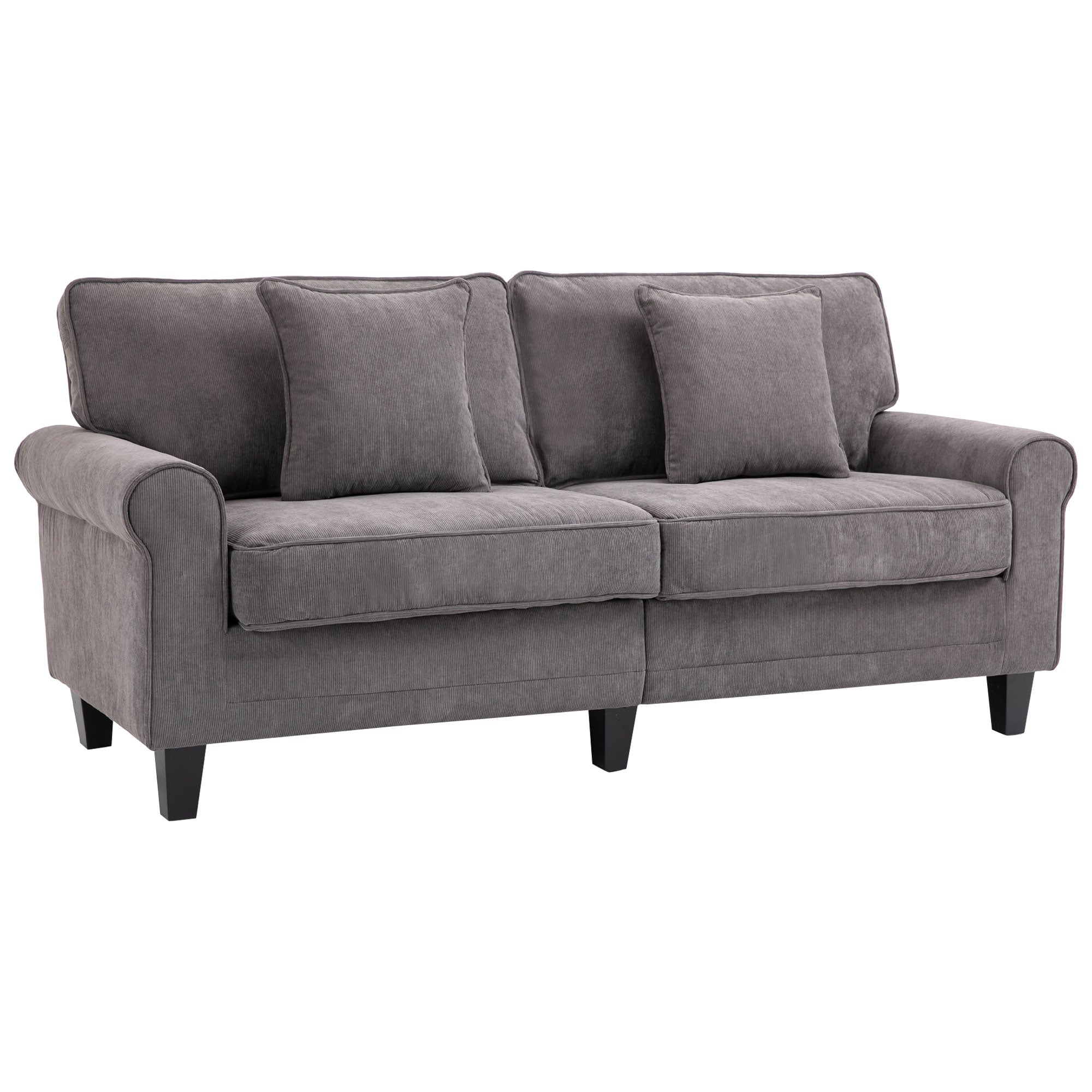 3-Seater Gray Corduroy Velvet Sofa, Living Room Sofa, 197 cm, with padded armrests and backrest, sofa with 2 pillows, solid pine wood legs, for living room, bedroom, office, gray
