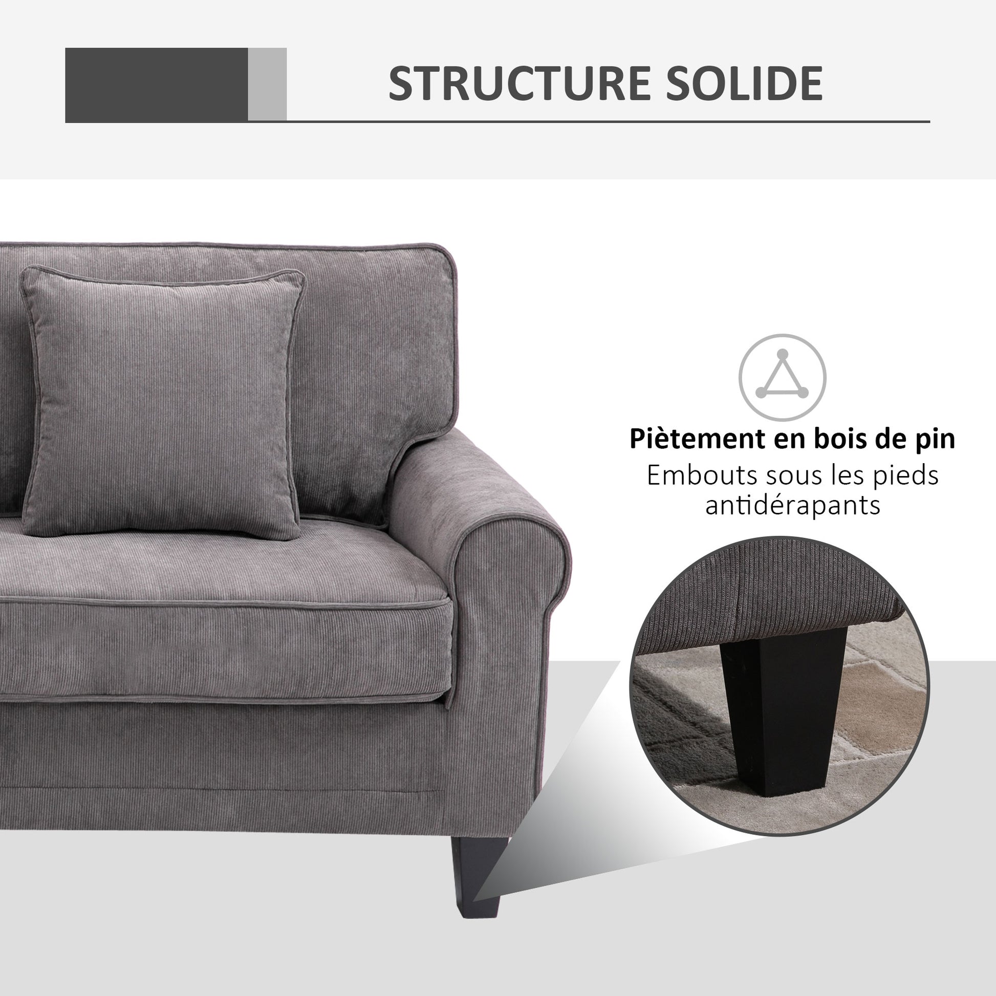 3-Seater Gray Corduroy Velvet Sofa, Living Room Sofa, 197 cm, with padded armrests and backrest, sofa with 2 pillows, solid pine wood legs, for living room, bedroom, office, gray