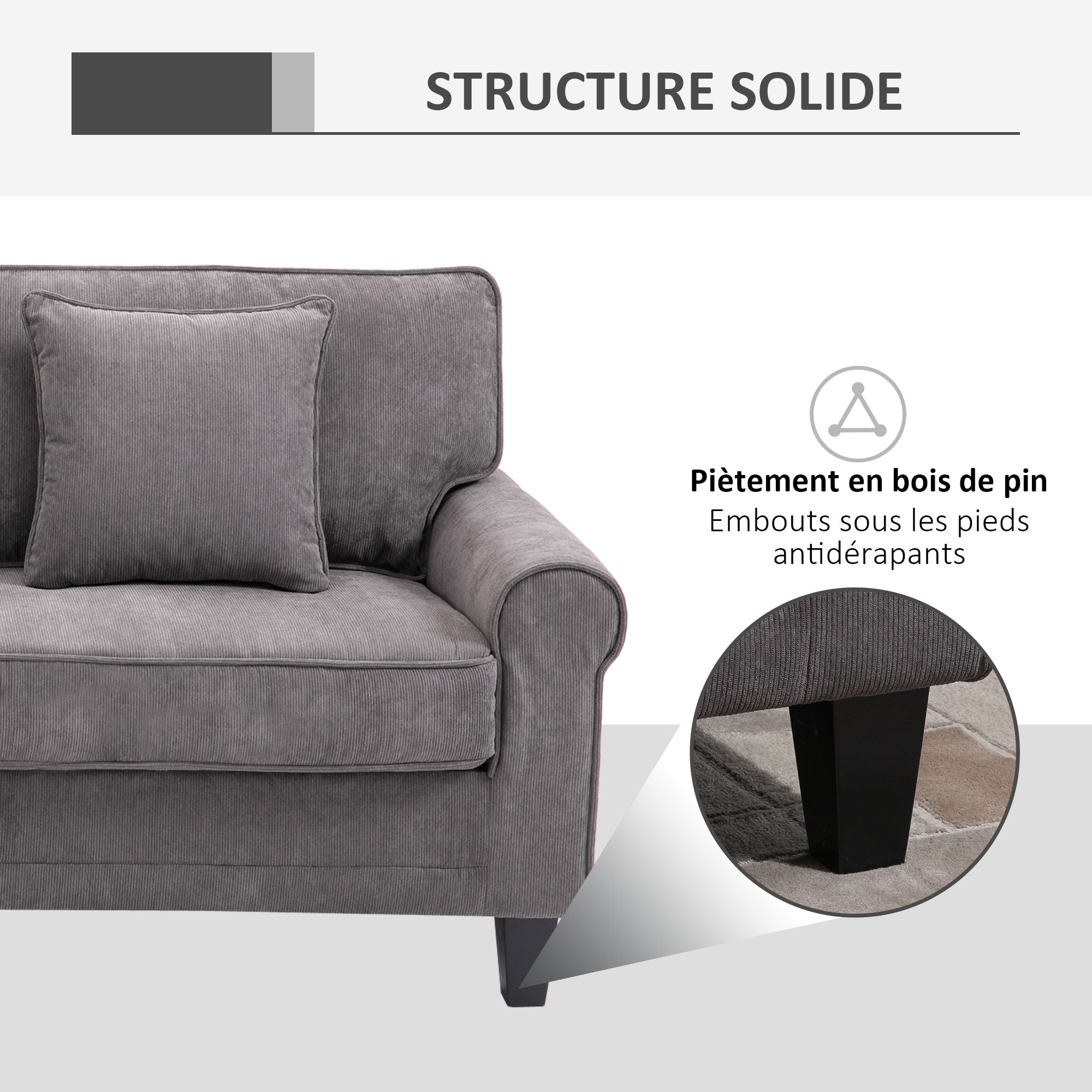 3-Seater Gray Corduroy Velvet Sofa, Living Room Sofa, 197 cm, with padded armrests and backrest, sofa with 2 pillows, solid pine wood legs, for living room, bedroom, office, gray