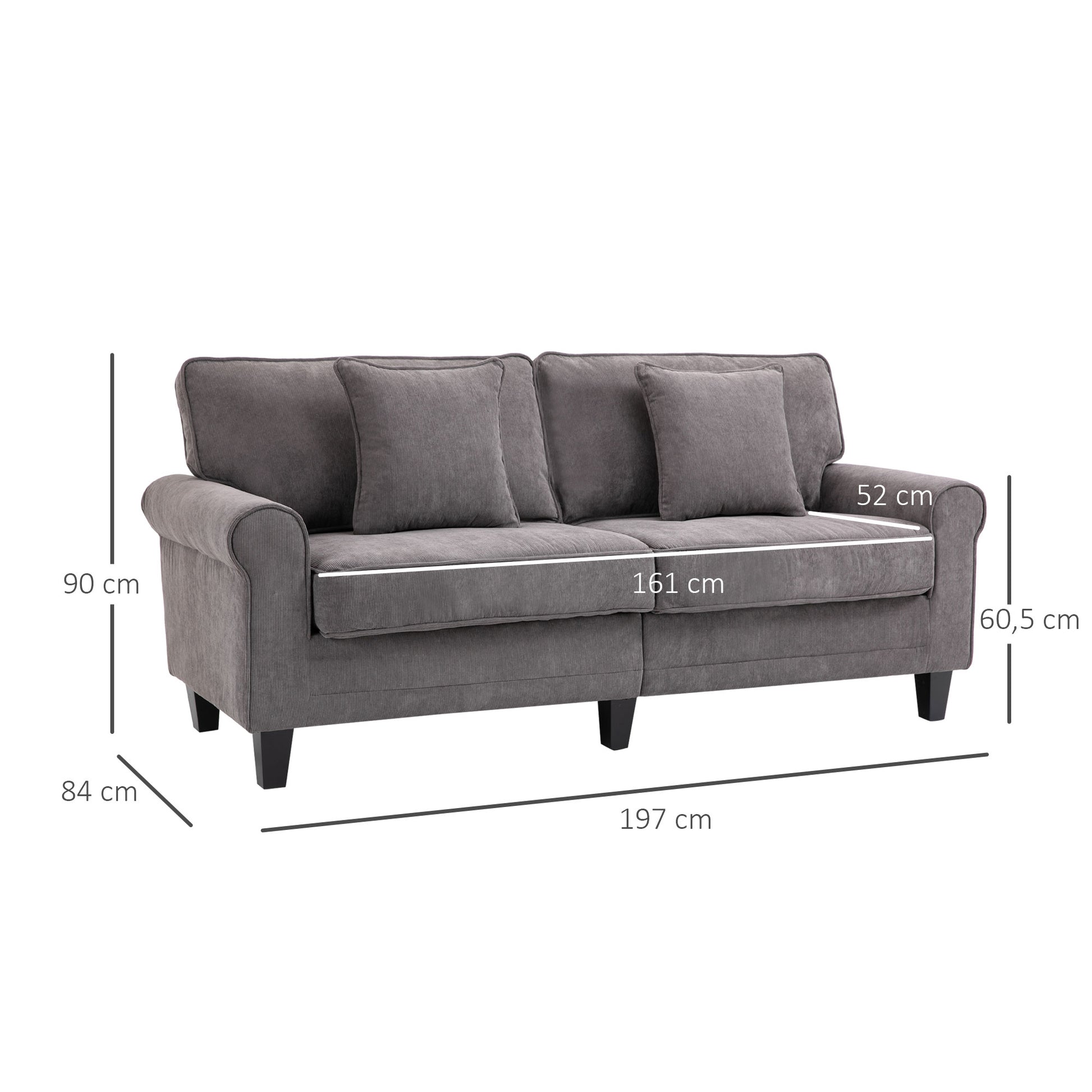 3-Seater Gray Corduroy Velvet Sofa, Living Room Sofa, 197 cm, with padded armrests and backrest, sofa with 2 pillows, solid pine wood legs, for living room, bedroom, office, gray