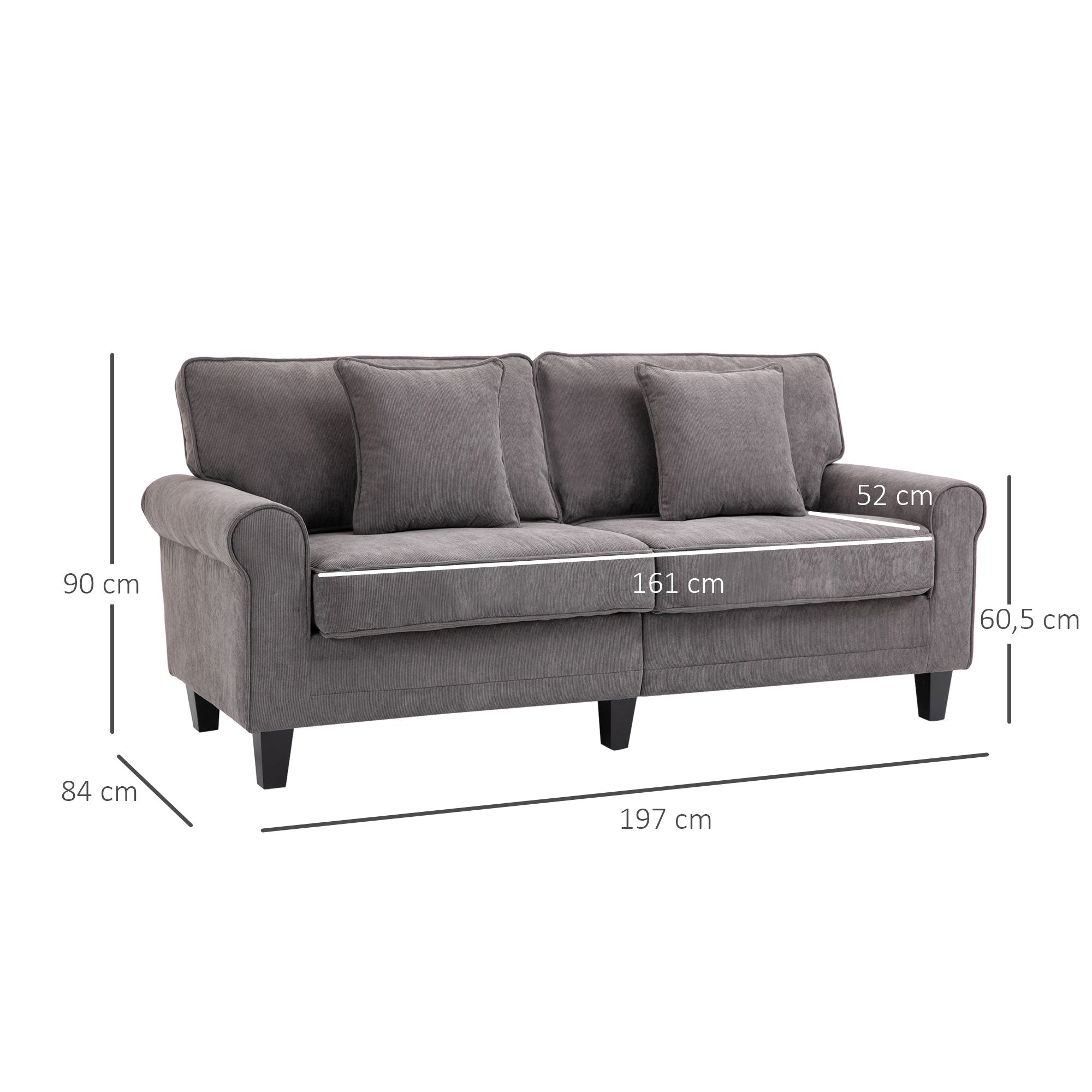 3-Seater Gray Corduroy Velvet Sofa, Living Room Sofa, 197 cm, with padded armrests and backrest, sofa with 2 pillows, solid pine wood legs, for living room, bedroom, office, gray