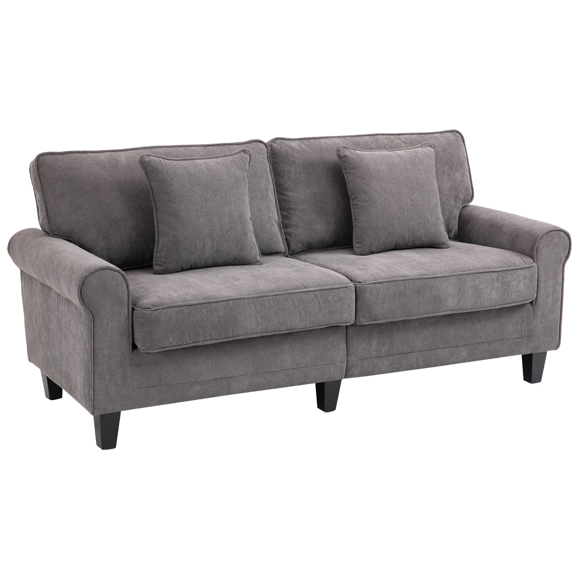3-Seater Gray Corduroy Velvet Sofa, Living Room Sofa, 197 cm, with padded armrests and backrest, sofa with 2 pillows, solid pine wood legs, for living room, bedroom, office, gray