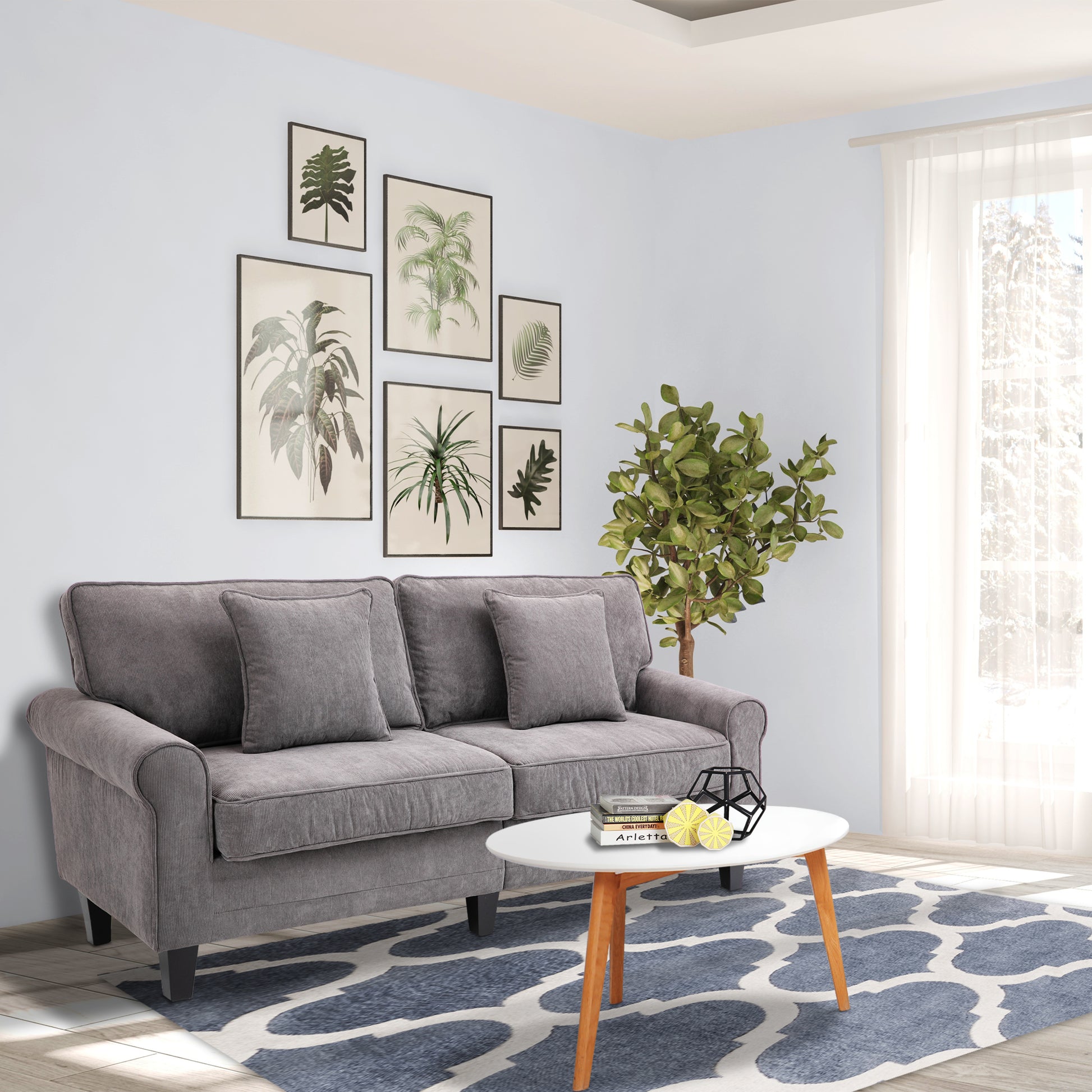 3-Seater Gray Corduroy Velvet Sofa, Living Room Sofa, 197 cm, with padded armrests and backrest, sofa with 2 pillows, solid pine wood legs, for living room, bedroom, office, gray