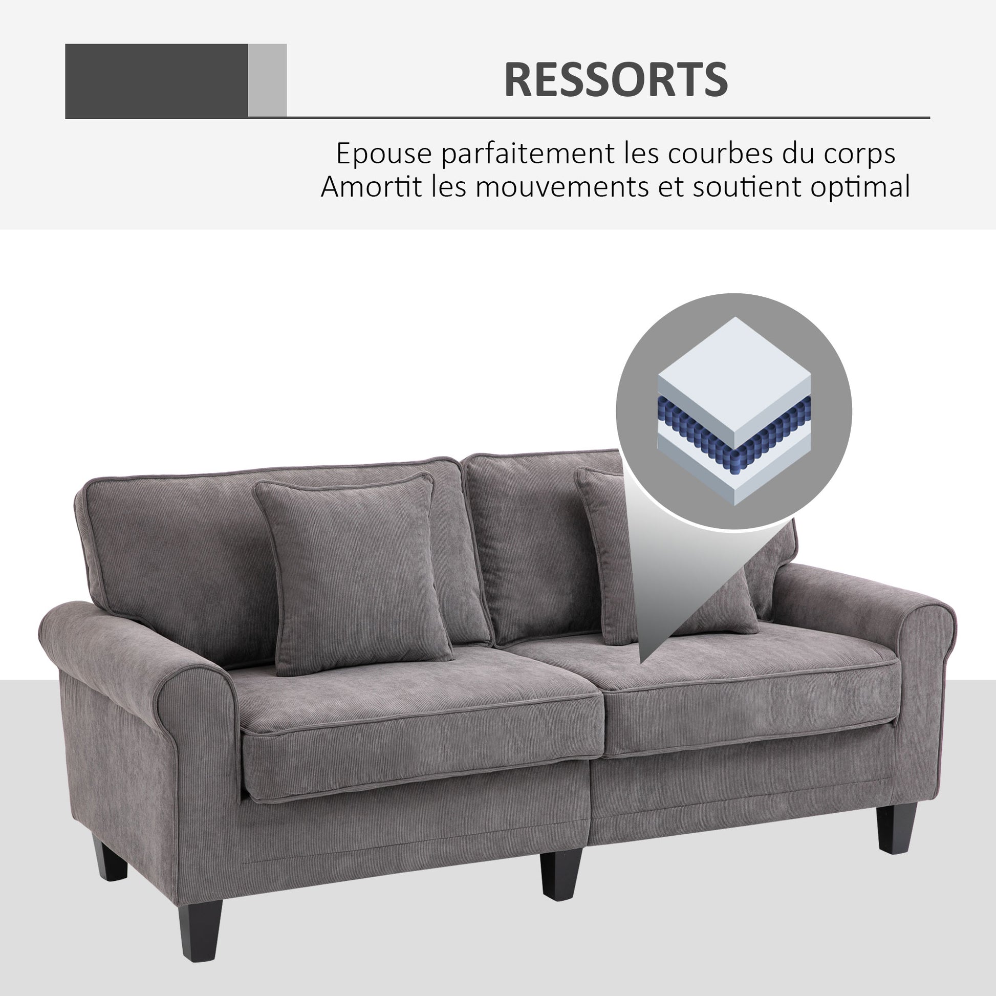 3-Seater Gray Corduroy Velvet Sofa, Living Room Sofa, 197 cm, with padded armrests and backrest, sofa with 2 pillows, solid pine wood legs, for living room, bedroom, office, gray