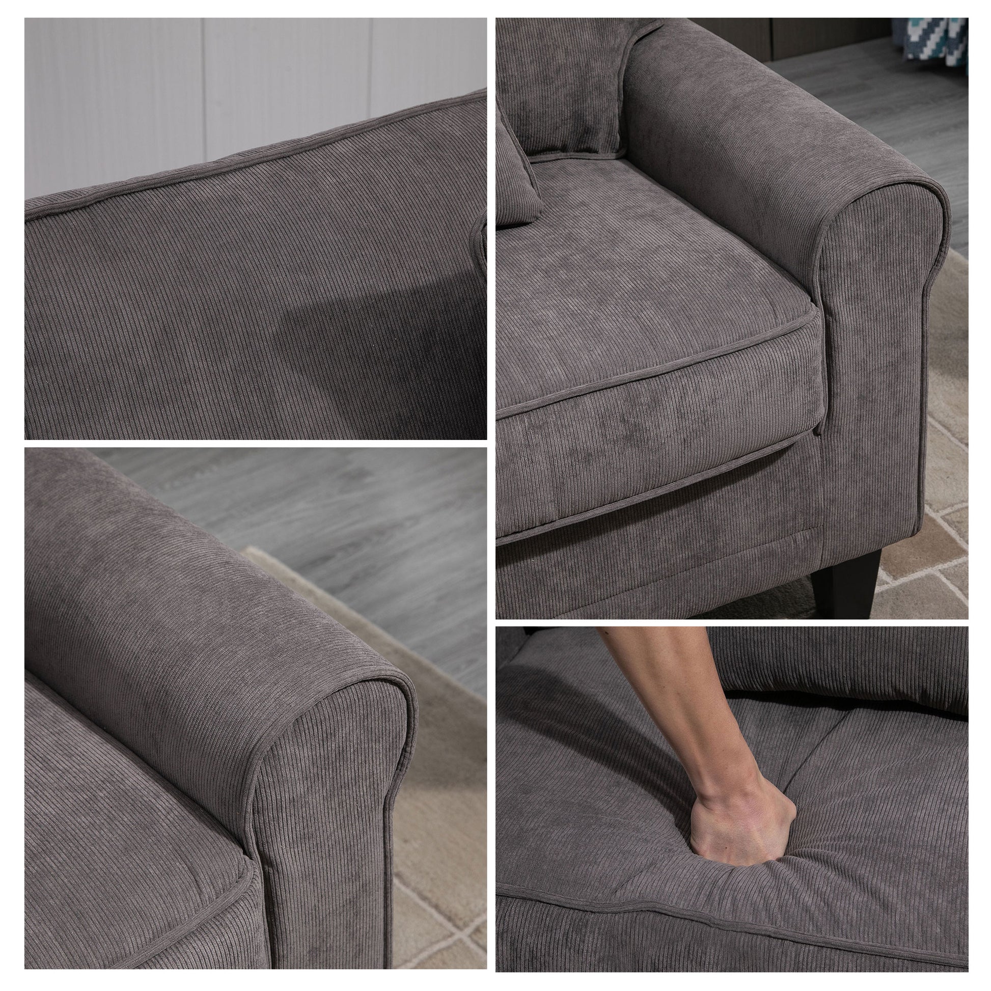 3-Seater Gray Corduroy Velvet Sofa, Living Room Sofa, 197 cm, with padded armrests and backrest, sofa with 2 pillows, solid pine wood legs, for living room, bedroom, office, gray