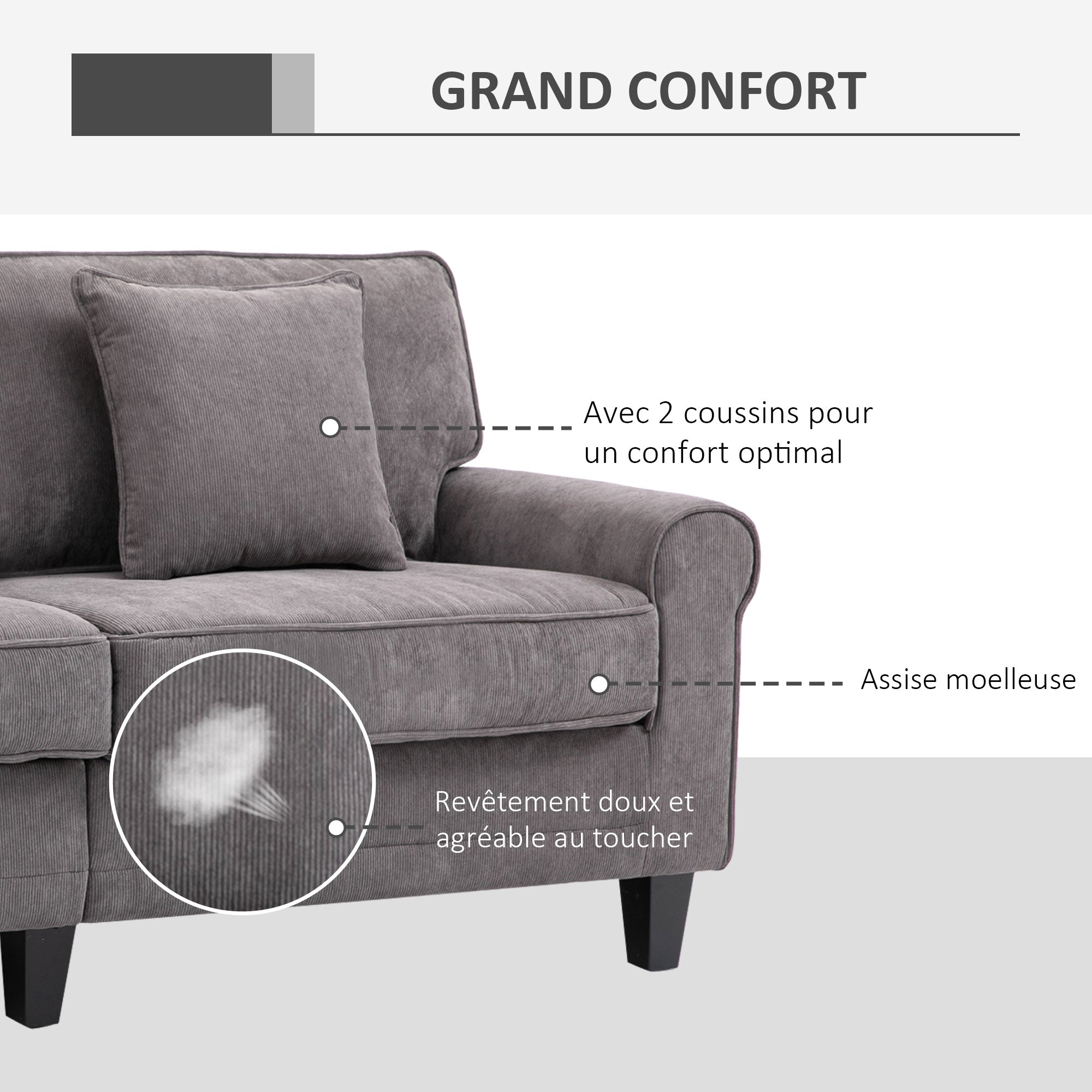 3-Seater Gray Corduroy Velvet Sofa, Living Room Sofa, 197 cm, with padded armrests and backrest, sofa with 2 pillows, solid pine wood legs, for living room, bedroom, office, gray