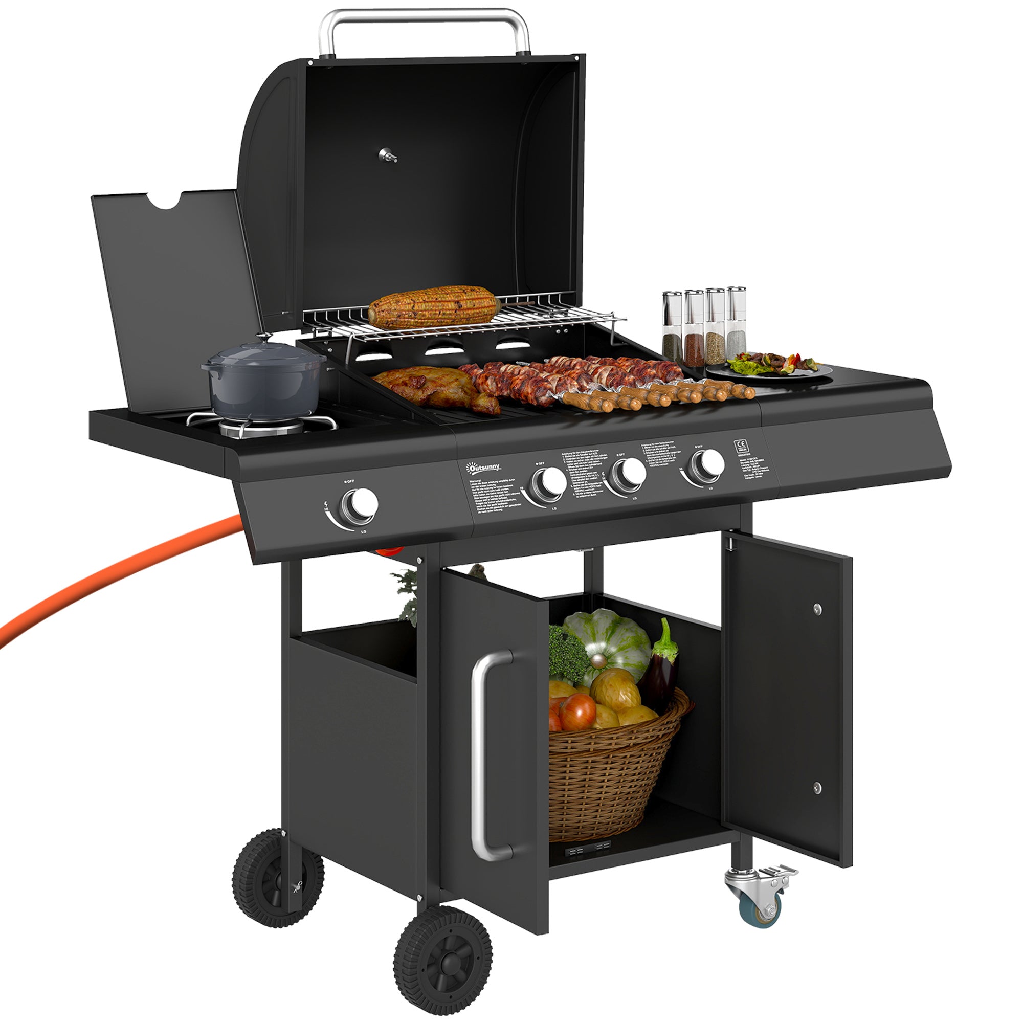 12.2 kW (≈41,600 BTU) 3+1-Burner Gas BBQ Cart, Stainless Steel with Wheels, Side Burner, Thermometer, Warming Rack, Side Shelf — 118.5 x 56 x 110 cm (46.7 x 22.0 x 43.3 in)