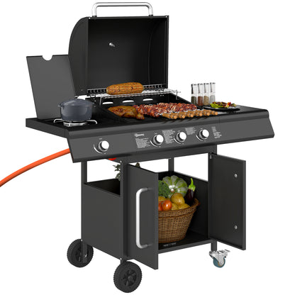 12.2 kW (≈41,600 BTU) 3+1-Burner Gas BBQ Cart, Stainless Steel with Wheels, Side Burner, Thermometer, Warming Rack, Side Shelf — 118.5 x 56 x 110 cm (46.7 x 22.0 x 43.3 in)