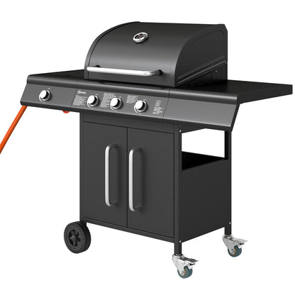 12.2 kW (≈41,600 BTU) 3+1-Burner Gas BBQ Cart, Stainless Steel with Wheels, Side Burner, Thermometer, Warming Rack, Side Shelf — 118.5 x 56 x 110 cm (46.7 x 22.0 x 43.3 in)