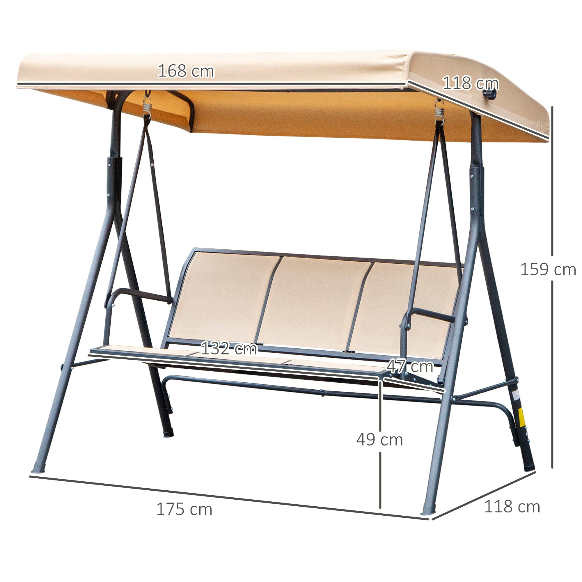 3-Seater Garden Swing with Great Comfort Adjustable Roof Inclination Ergonomic Steel Epoxy Textilene Beige