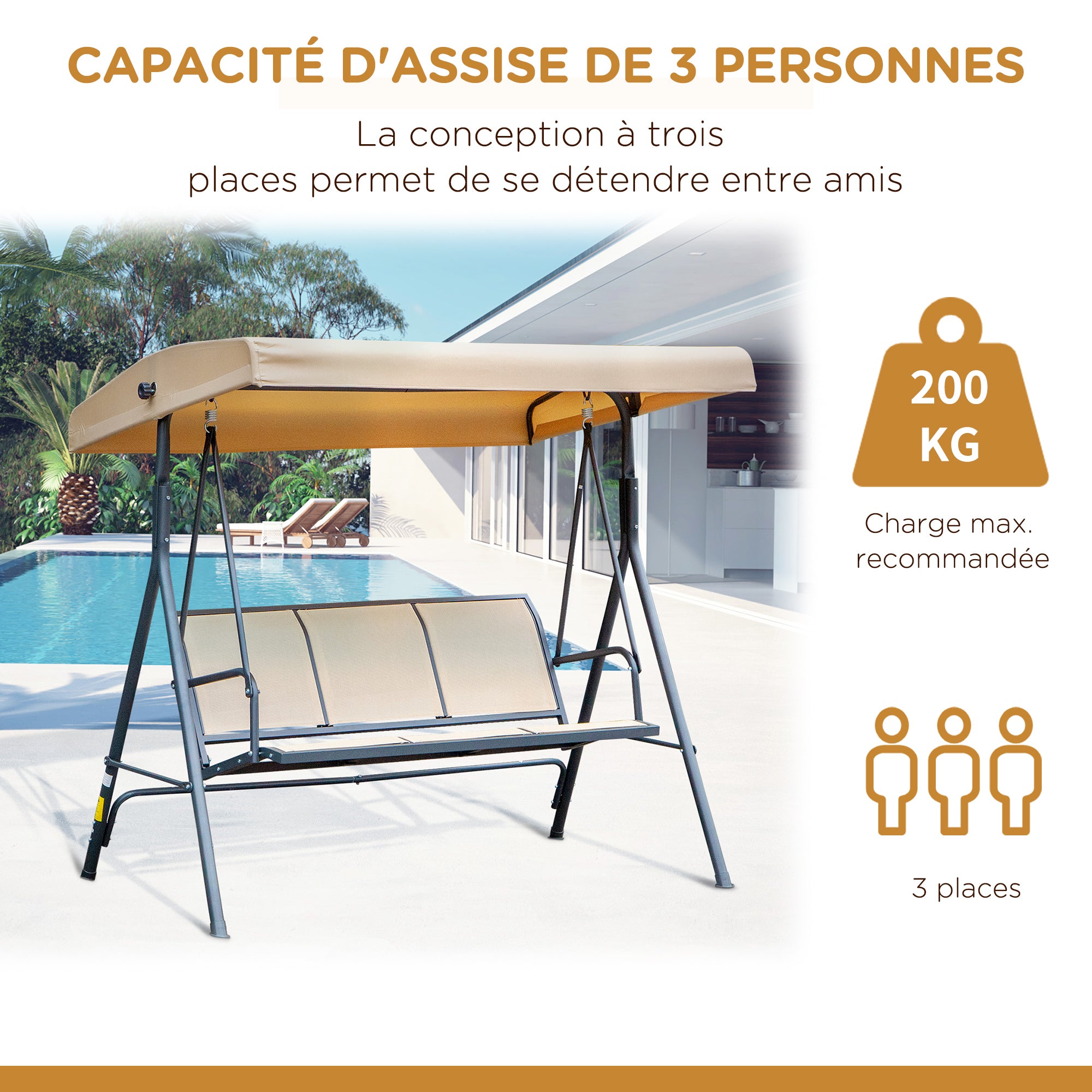3-Seater Garden Swing with Great Comfort Adjustable Roof Inclination Ergonomic Steel Epoxy Textilene Beige