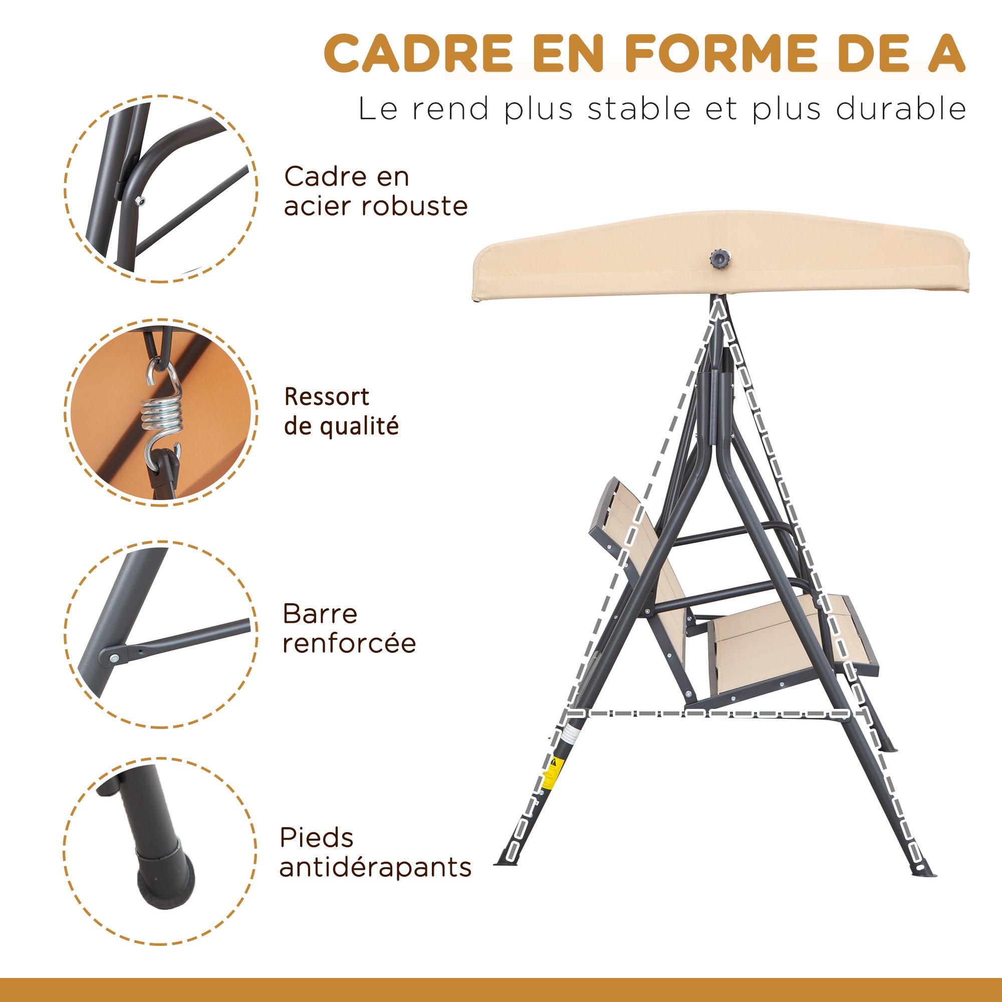 3-Seater Garden Swing with Great Comfort Adjustable Roof Inclination Ergonomic Steel Epoxy Textilene Beige