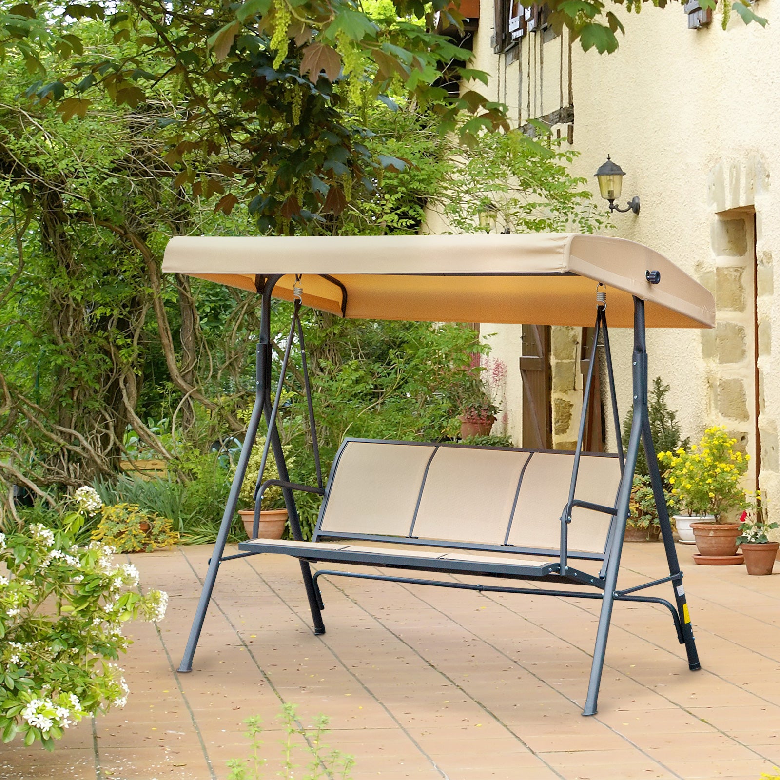 3-Seater Garden Swing with Great Comfort Adjustable Roof Inclination Ergonomic Steel Epoxy Textilene Beige