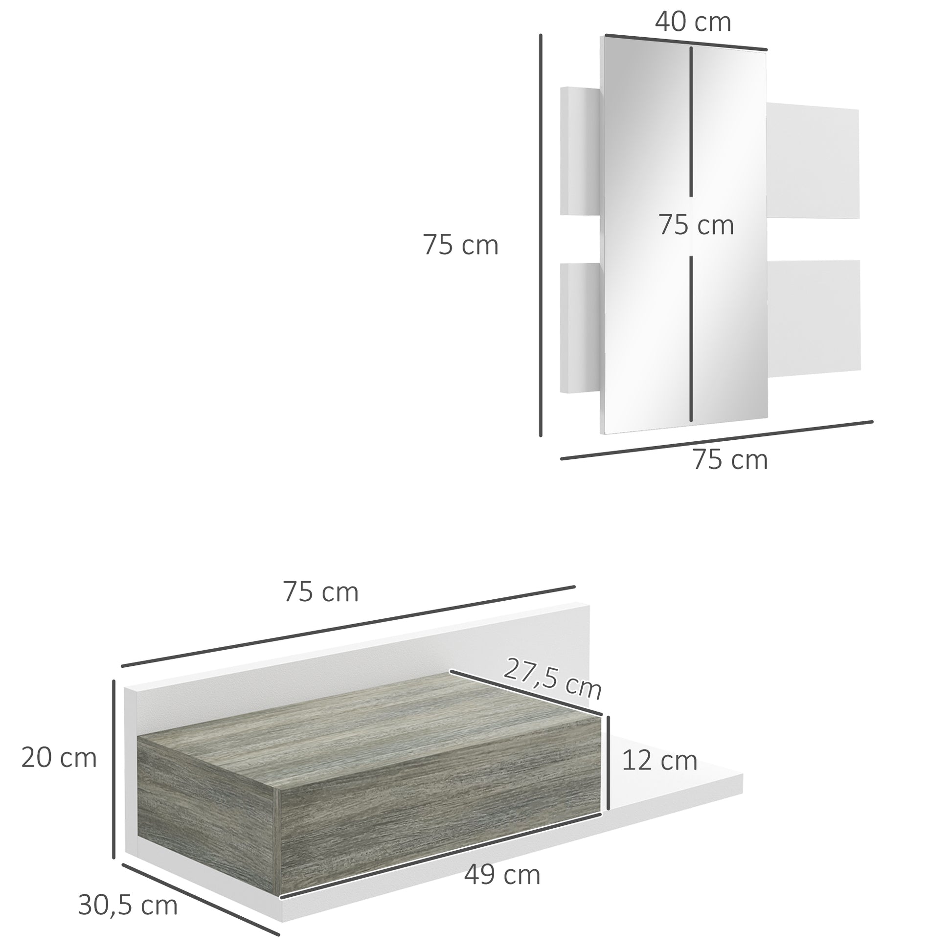 Entryway Furniture Set Hallway Mirror and Drawer Hanging Entryway Modern Style 75x3.5x75 cm and 75x30.5x20 cm White and Gray