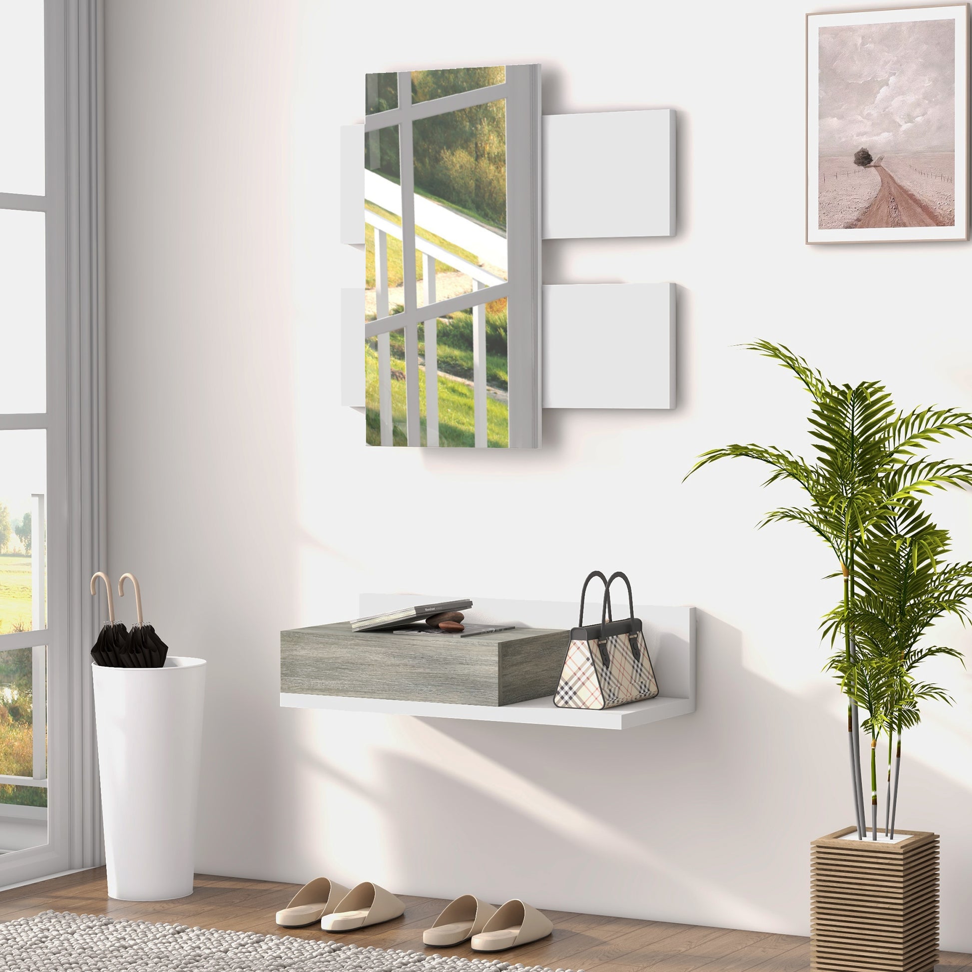 Entryway Furniture Set Hallway Mirror and Drawer Hanging Entryway Modern Style 75x3.5x75 cm and 75x30.5x20 cm White and Gray