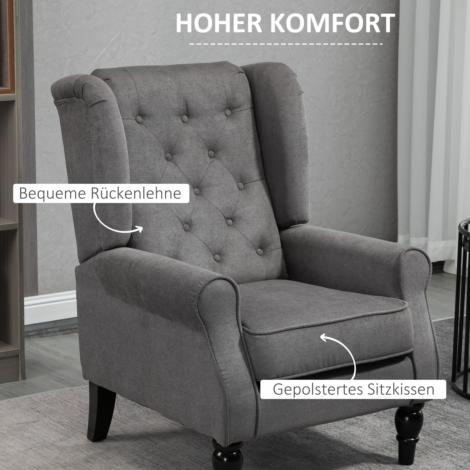 Wing Chair with Tufting, High Backrest, Upholstered Lounge Chair with Rounded Armrests, Wood Legs, for Bedroom, Living Room, up to 160 kg, Dark Gray