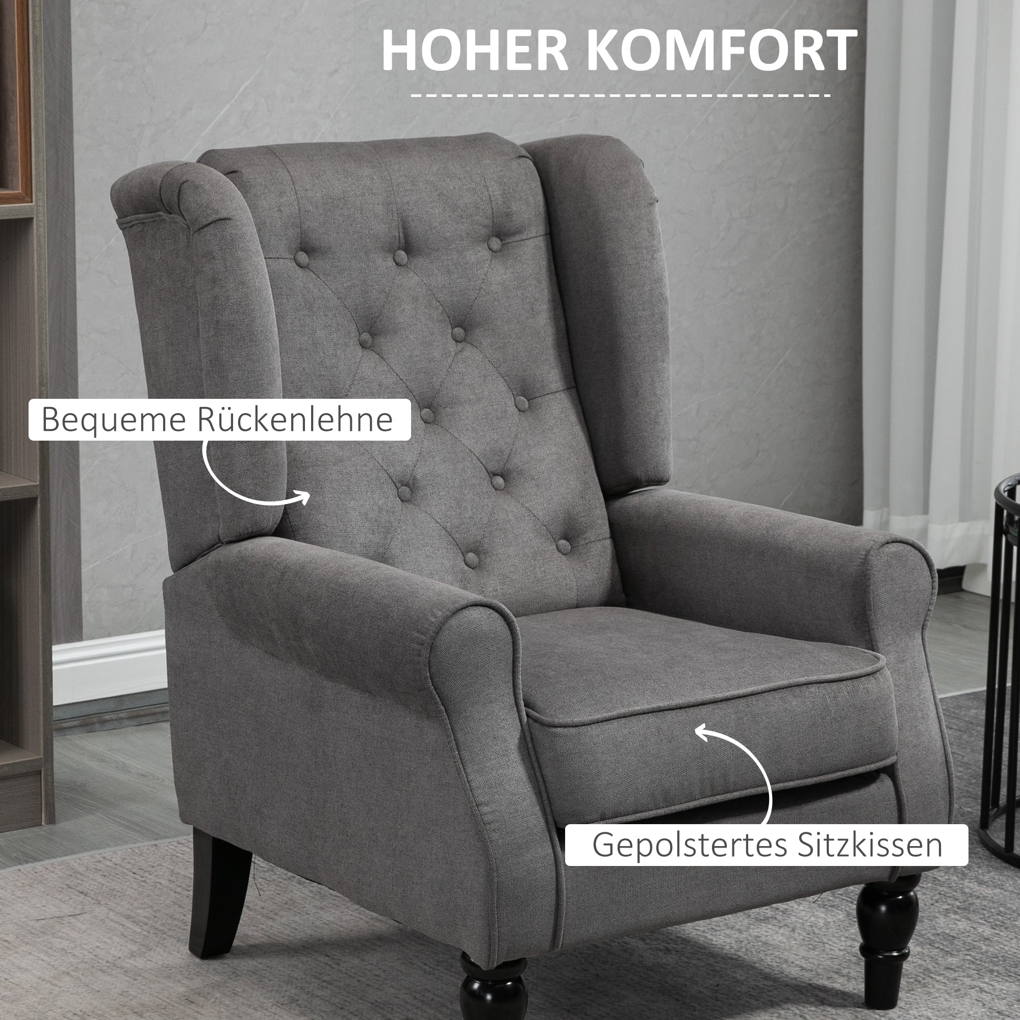 Wing Chair with Tufting, High Backrest, Upholstered Lounge Chair with Rounded Armrests, Wood Legs, for Bedroom, Living Room, up to 160 kg, Dark Gray